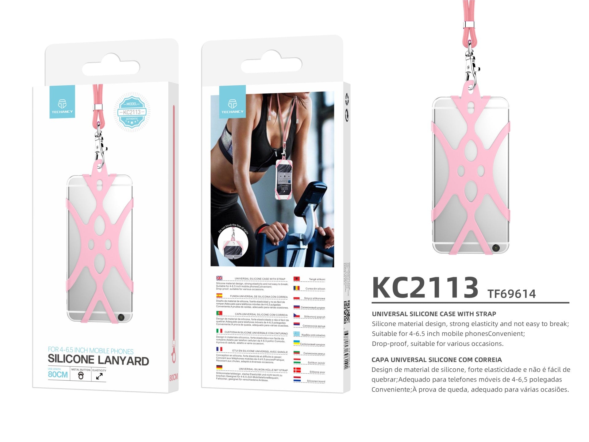Techancy universal silicone mobile phone strap, 80 cm, KC2113, compatible with all mobile phone models, pink color.