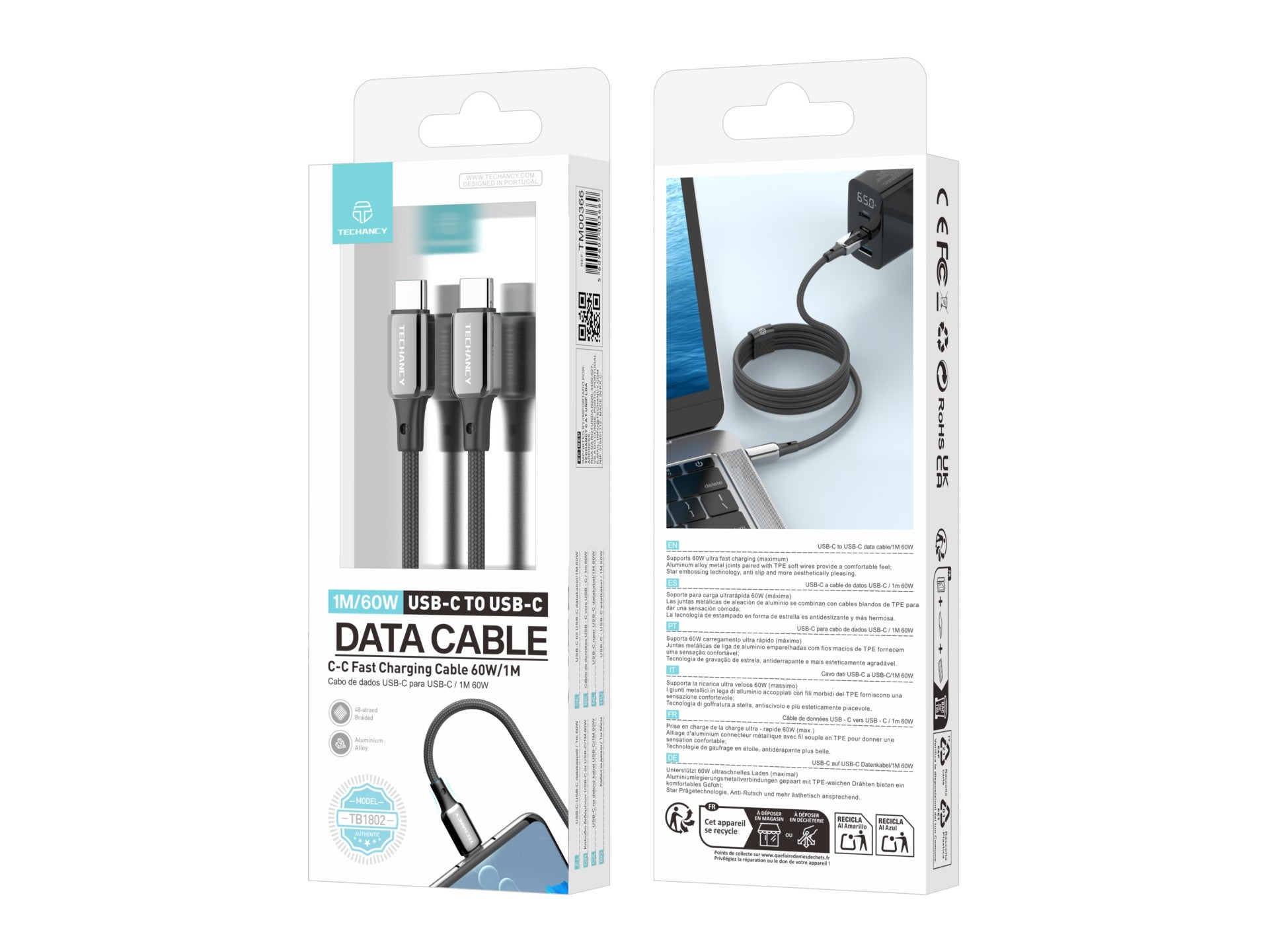 Cable USB-C a USB-C Techancy TB1802, 60 W, 1 m, negro, conector de aluminio, diseño antideslizante, transferencia rápida, resistente
