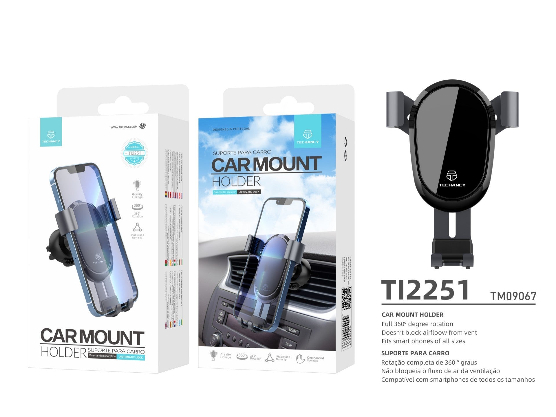 Techancy Ti2251 Car Phone Holder, For 7.2'' Cell Phones, Gravity Mount, Metal,