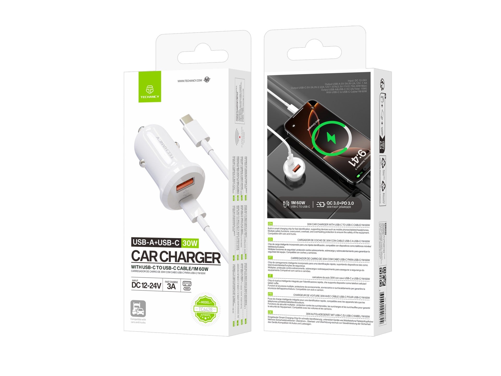 Techancy 30W Charger TC6428, USB-C Cable, Fast Charge, Multiple Protection, Compatible with Vehicles