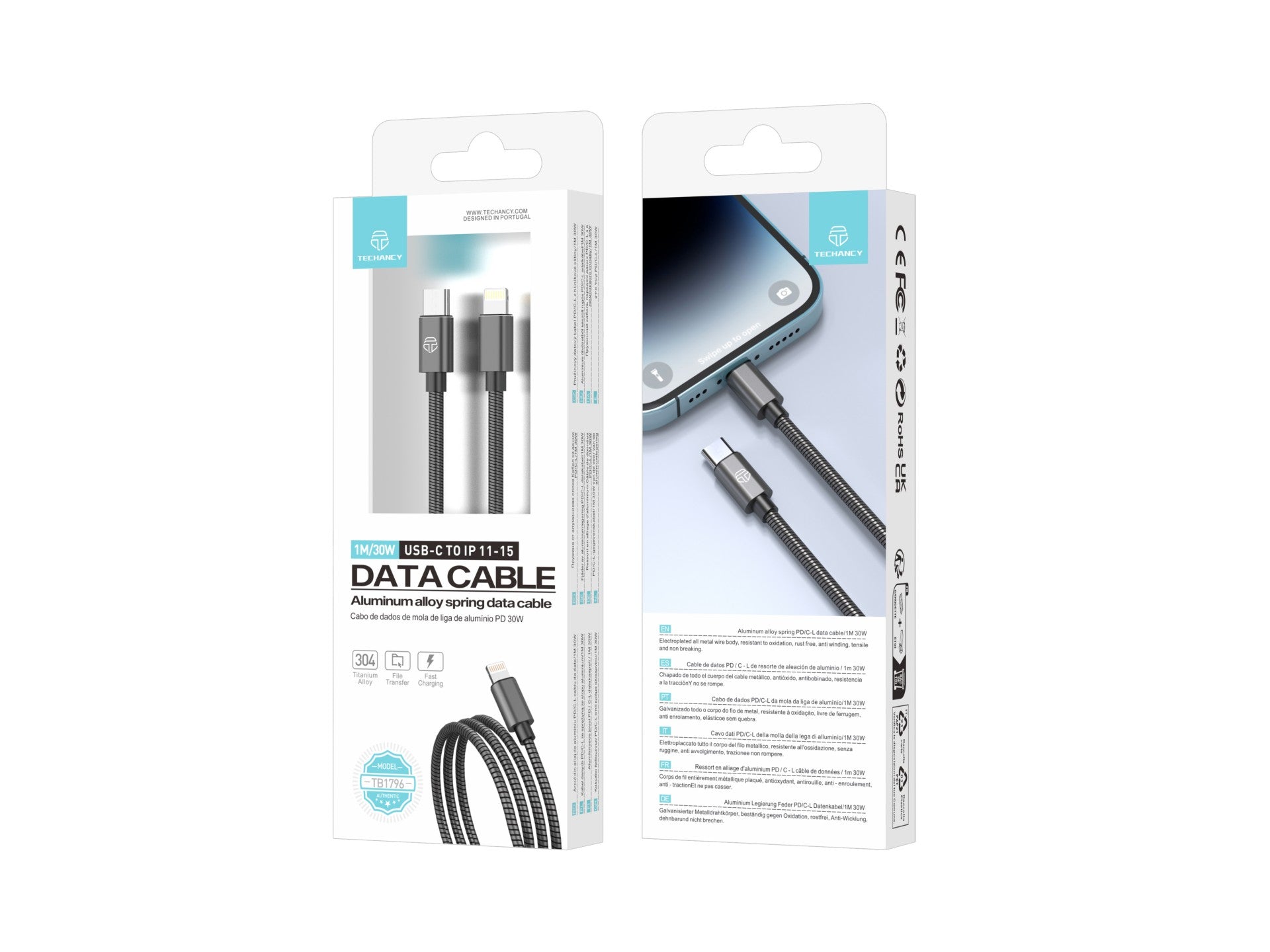 Techancy Cabo Usb C Para Lightning 1m TB1796, Design Totalmente Metálico, Resistente A Animais, Carregamento Rápido De 30 Watts