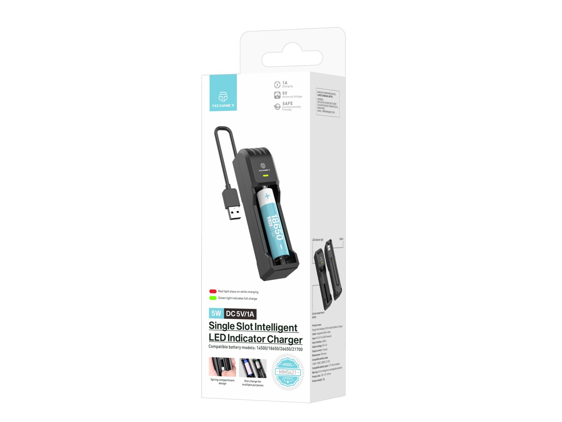 Techancy MM5421 Single Battery Charger with LED Indicator, Compatible with 14500, 18650, 26650, and 21700 3.7V USB, Safe, Portable, Black Color.