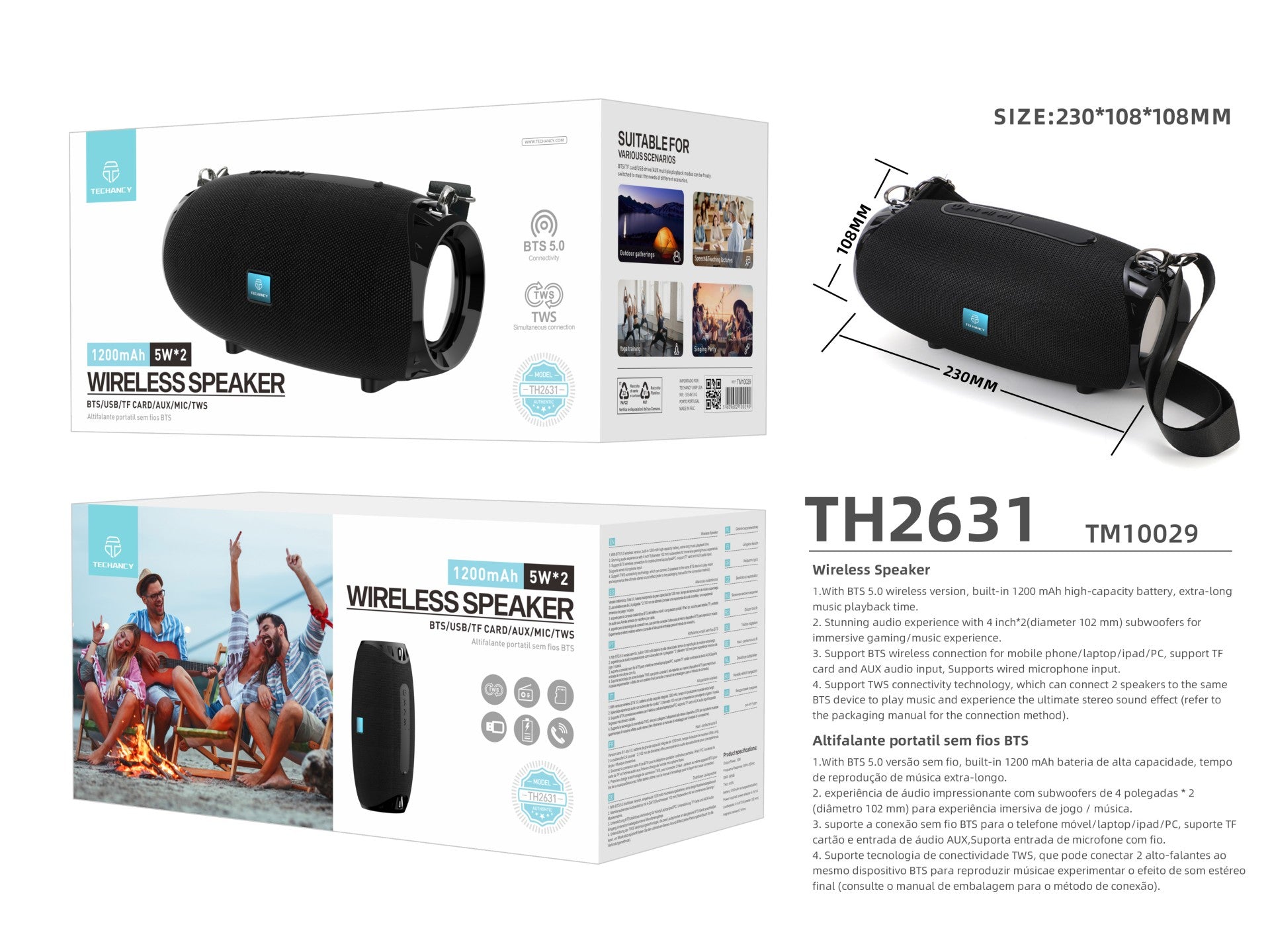 Techancy TH2631 Black Wireless Speaker, with Built-in 5W Battery*2 Speakers, Supports TWS/TF/AUX Inputs