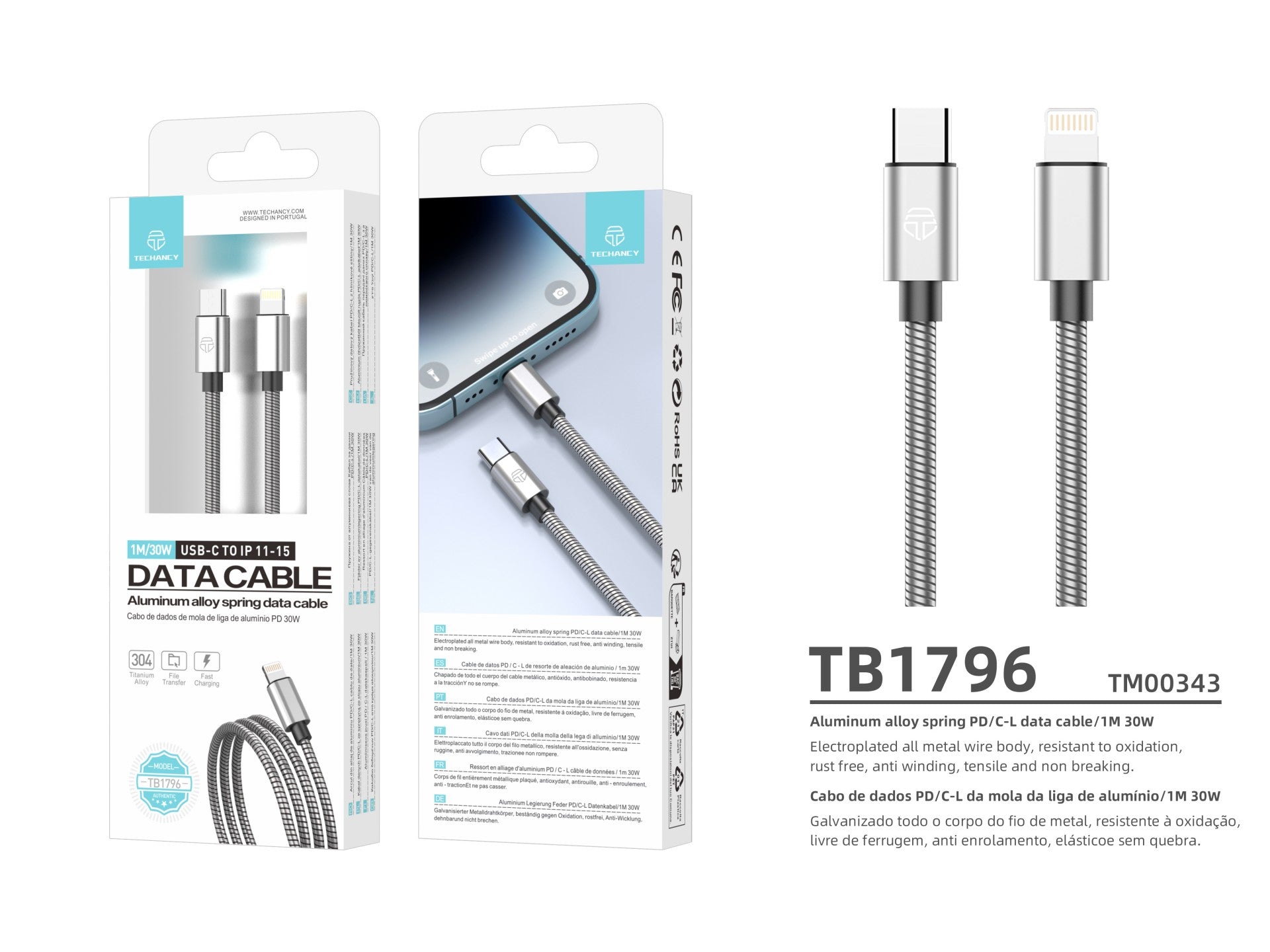 Techancy Cabo Usb C Para Lightning 1m TB1796, Design Totalmente Metálico, Resistente A Animais, Carregamento Rápido De 30 Watts