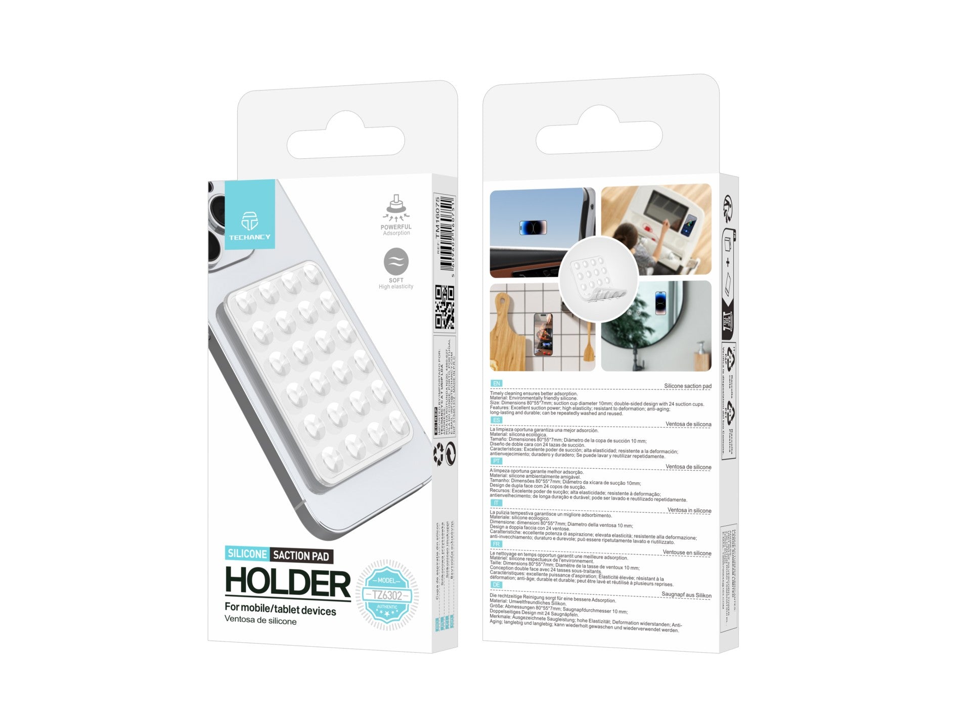 Techancy TZ6302 Suction Cup Mount for Mobile Phone Tablet Eco-Friendly Silicone 24 Suction Cups Strong Fixation Reusable Durable Washable White