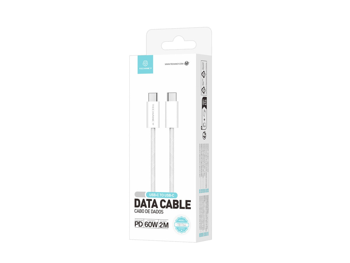 Cabo USB-C para USB-C 2 m TECHANCY TB1764, PD 60W, Carregamento Rapido e Dados, Textura Entrancada, Branco, TPE