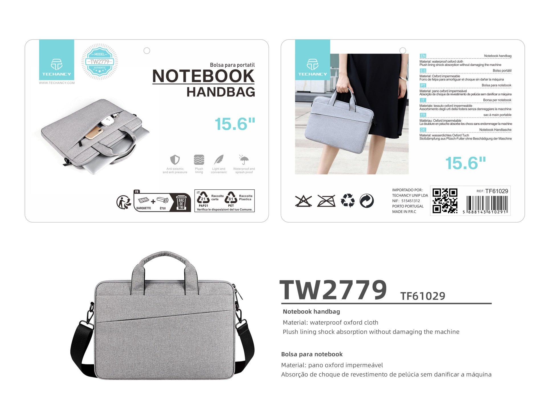 Techancy TW2779 Gray 15.6-Inch Laptop Bag with Adjustable Strap