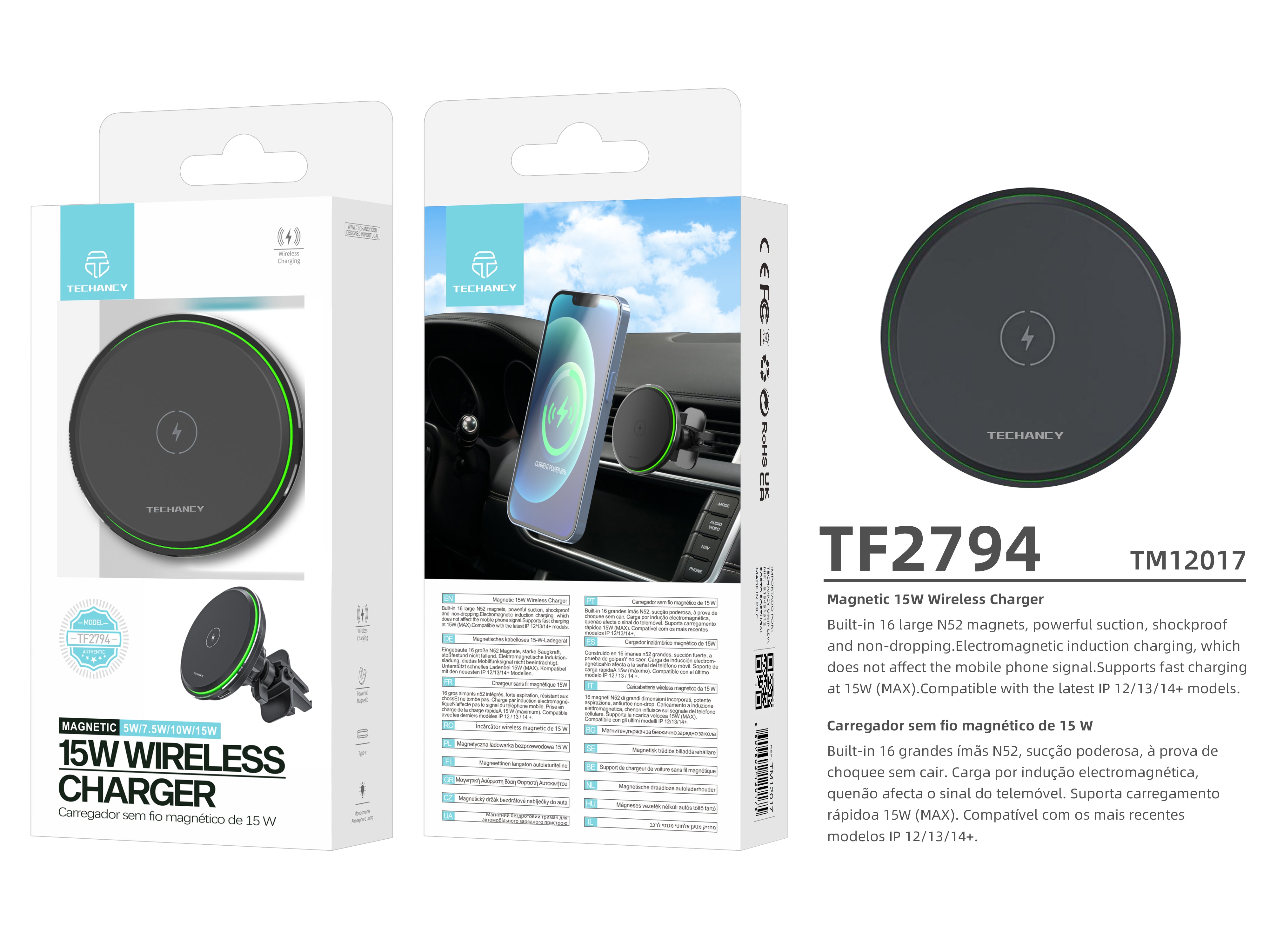 Techancy Suporte Para Telemóvel Com Carregador Sem Fios Para Automóvel TF2794, Carregamento Sem Fios De 15 W,