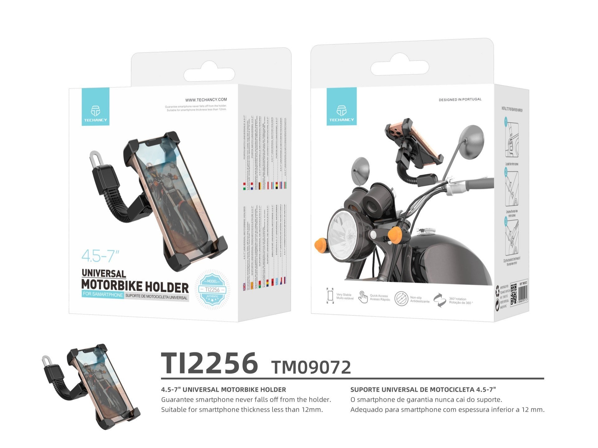 Soporte universal para teléfono móvil Techancy Ti2256 para motocicleta (4,5-7 pulgadas), firme y fiable, esencial para conducir.