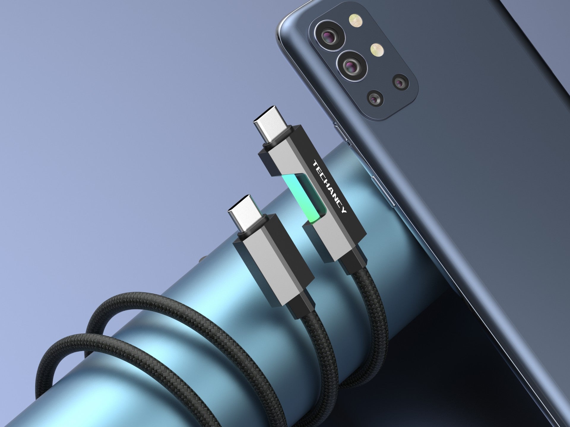 Techancy Cabo De Dados Usb-C Para Usb-C TB1797, 1m/60w Com Luz Rgb, Cabo Entrançado De Alumínio, Preto