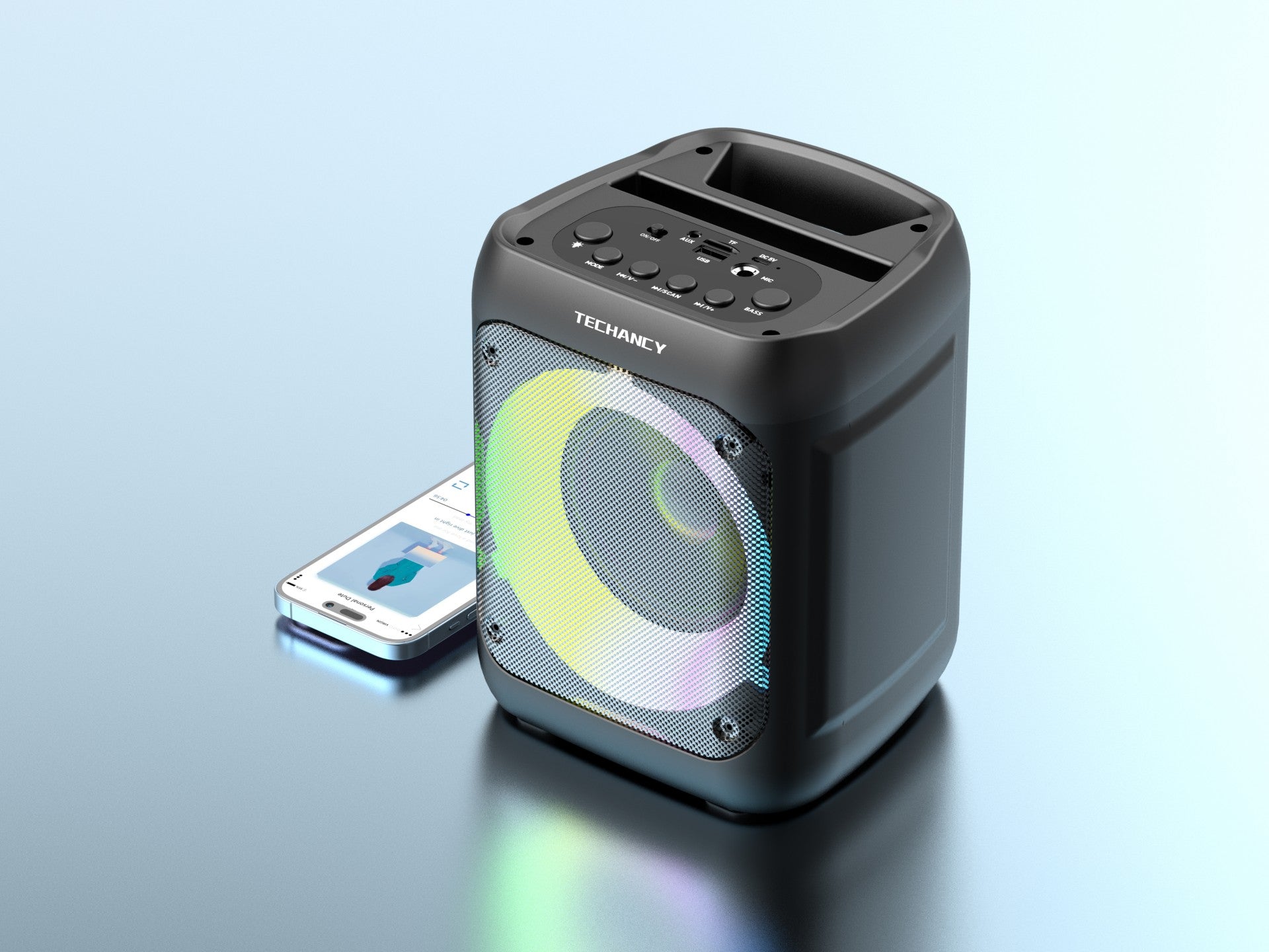 Techancy Altifalante Bluetooth Sem Fios TH2635, 5 W/4 Polegadas, Som Estéreo Tws, Ritmo De Luz Led, Entrada De Microfone