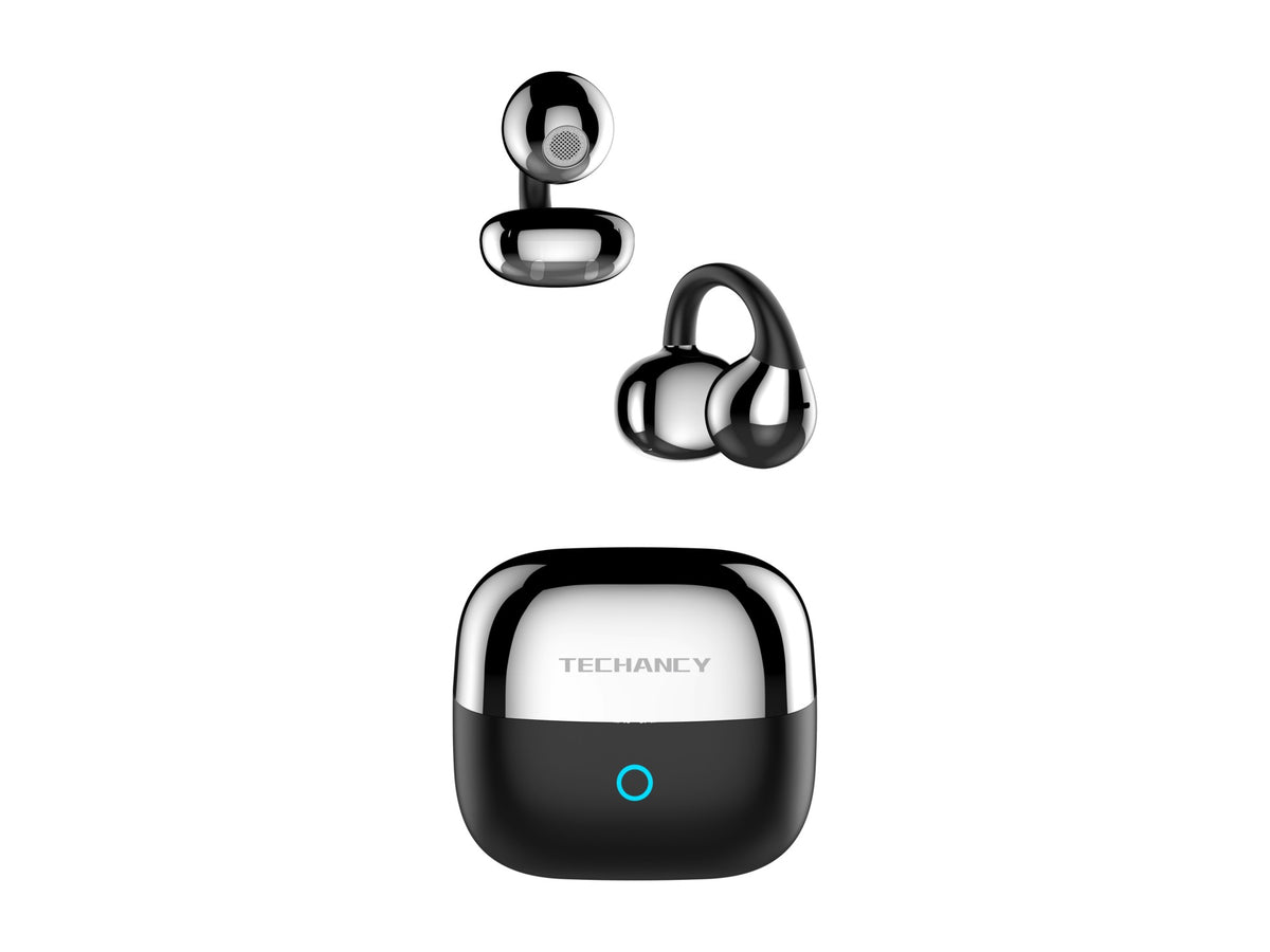 Auriculares Bluetooth Open Ear Techancy KP2717, TWS Mini, Bluetooth 6.0, Gancho de Ouvido, Autonomia 4.5h, Caixa 250mAh, USB-C, Preto