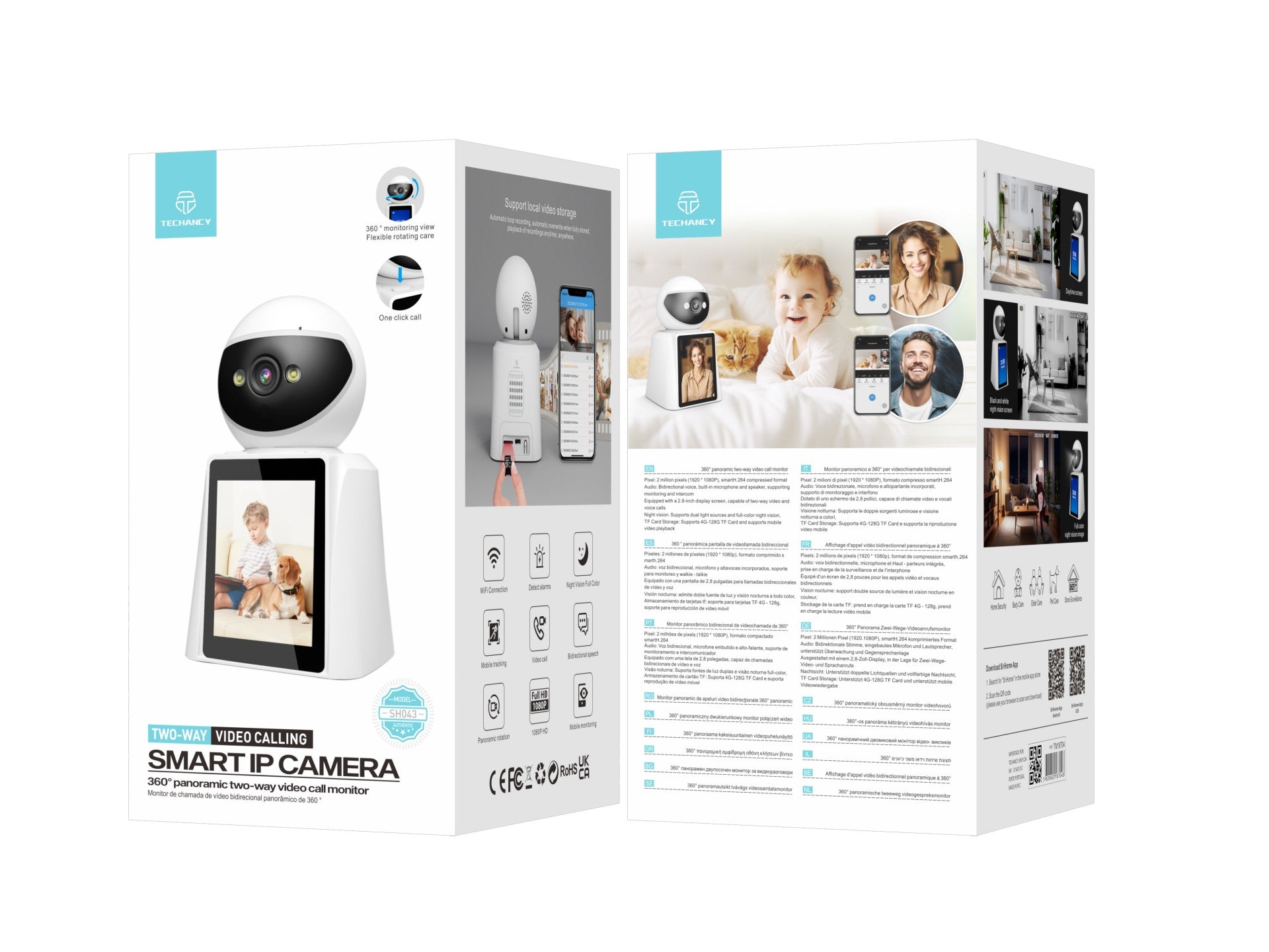 Techancy SH043 Smart Camera with Screen, 1080P, 360 Rotation, Night Vision, Two-Way Voice and Video Calls, WiFi Connection, Human Detection - White