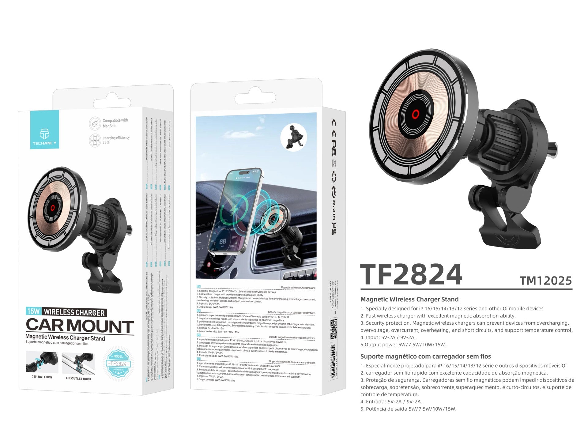 Techancy Suporte Magnético com Carregador Sem Fios 15W TF2824 Preto, Compatível com MagSafe, Rotação 360°, para iP e Qi