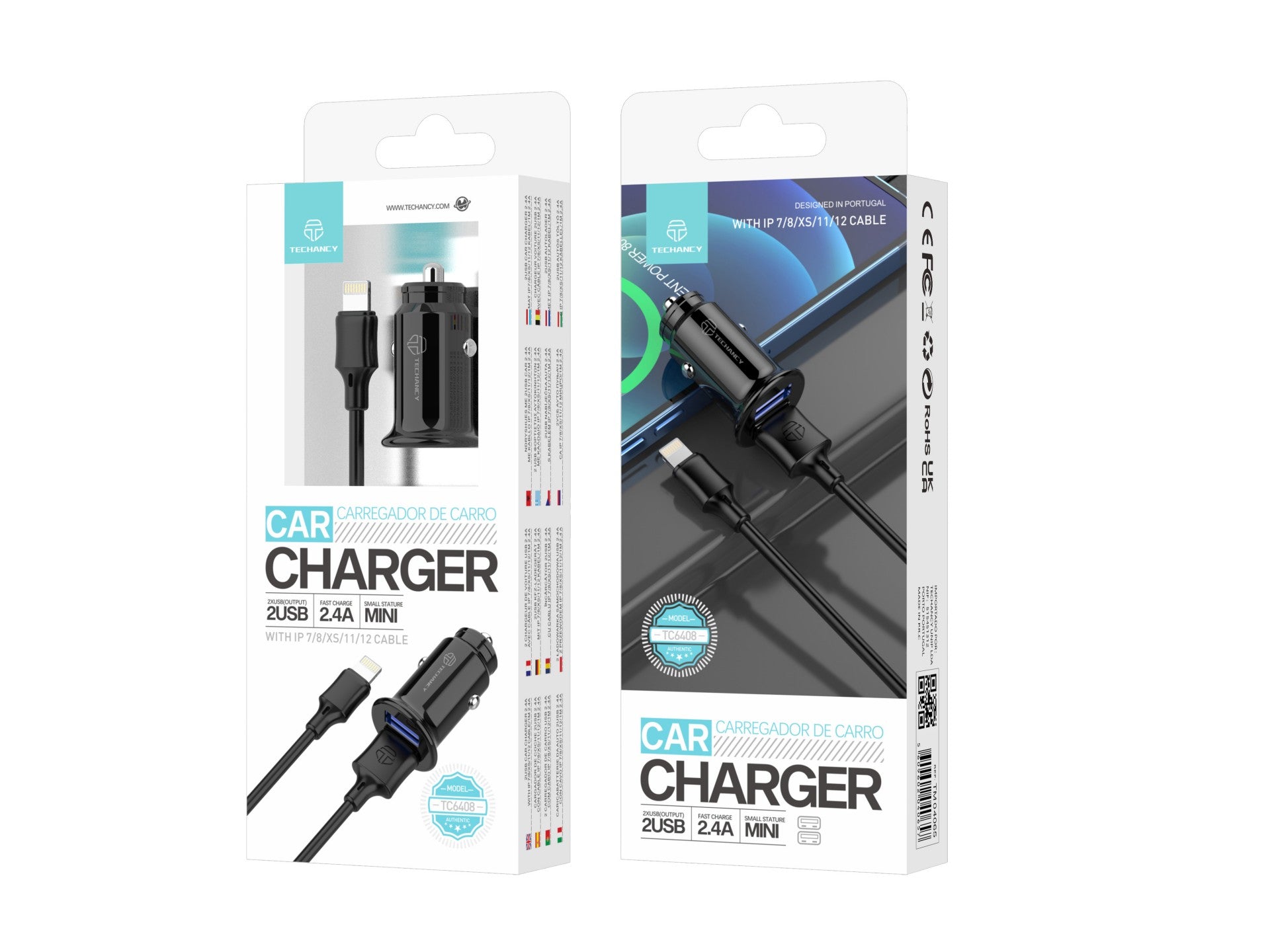 Techancy Carregador De Automóvel Mini TC6408, Carregamento 2usb 2.4A, Kit De Dados Com Cabo Usb-Lightning 1m, Preto