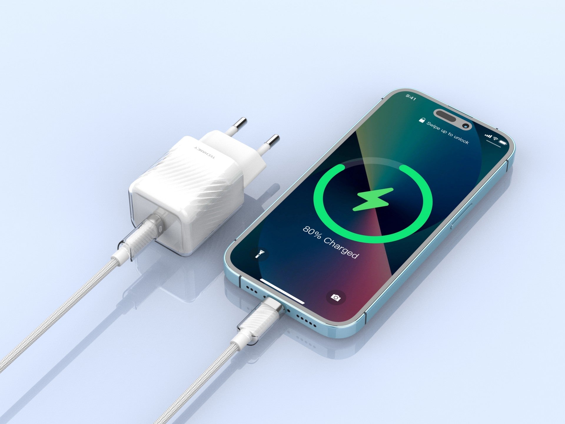 Techancy 20W Mobile Phone Charger White TA2816, USB-C PD GaN Fast Charging, USB C to Lightning Cable Set 1m/30w
