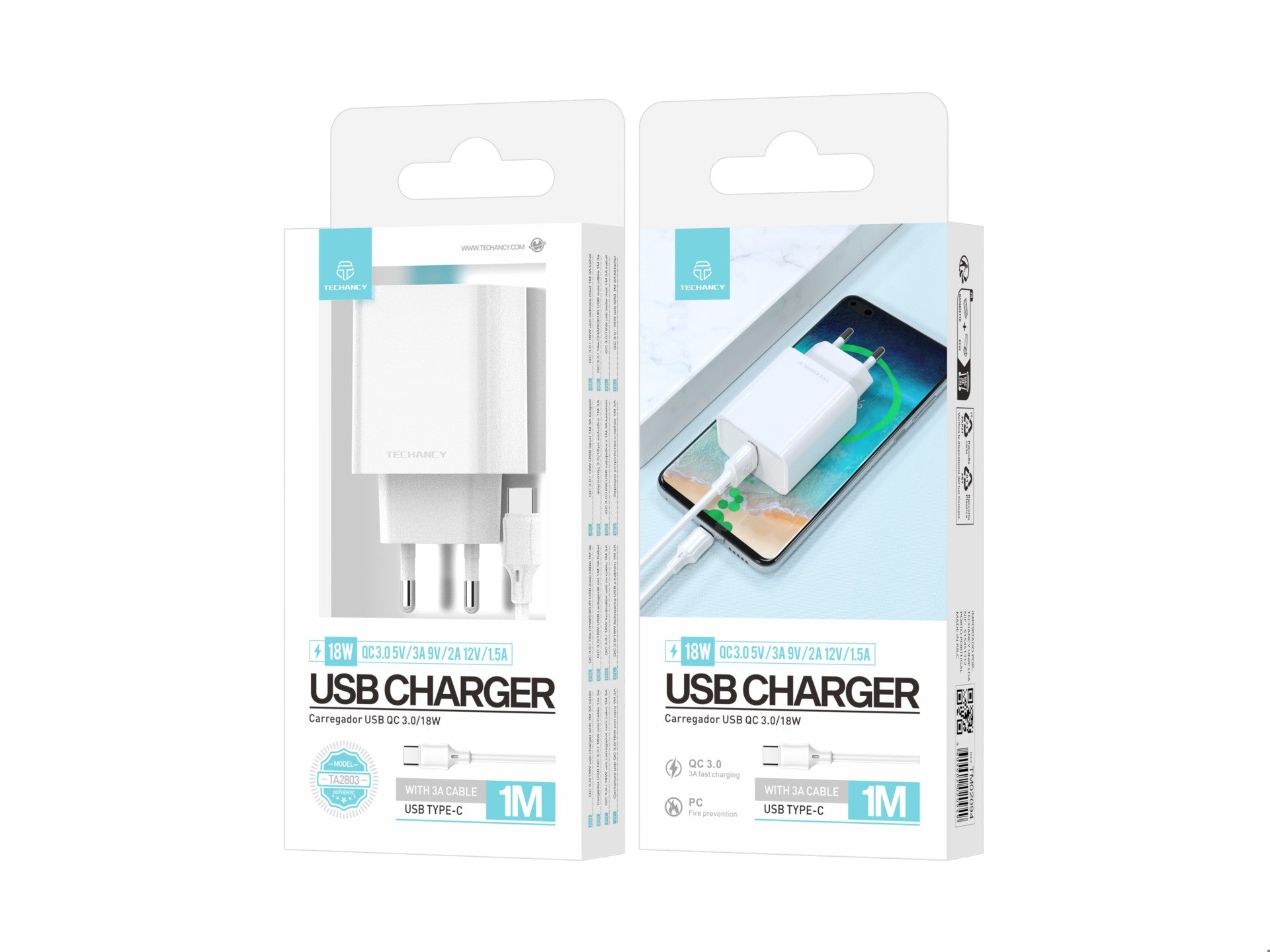 Techancy Carregador Qc3.0 18w Branco TA2803,Kit De Cabos Usb Type-C 3.0a,Compatível Com Samsung,Xiaomi,Huawei,Etc.,