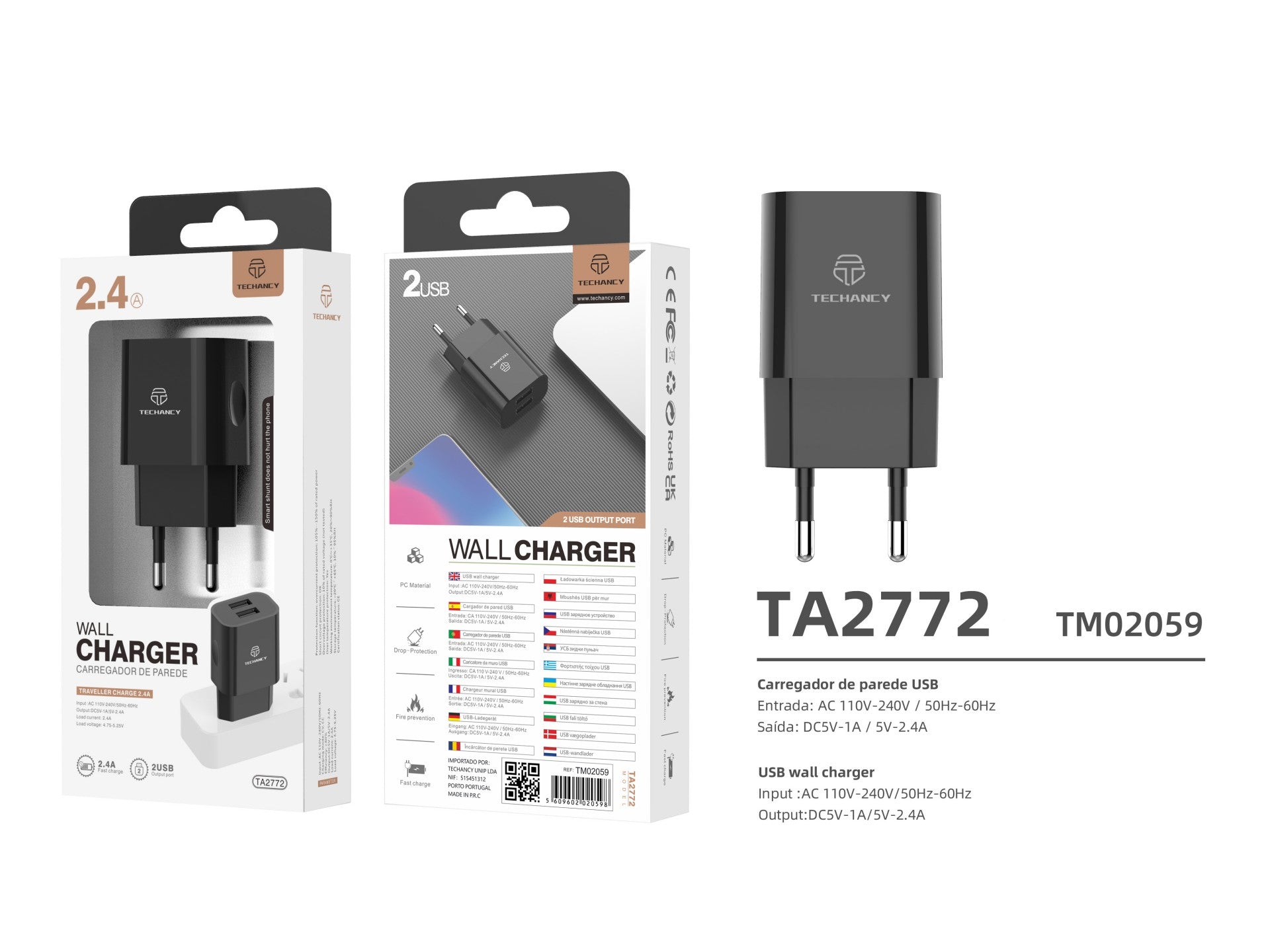 Techancy Carregador De Parede 2usb Preto TA2790, Carregamento 5V-2,4A, Conjunto De Cabos Lightning 1m, Compatível Com Iphone/Ipad