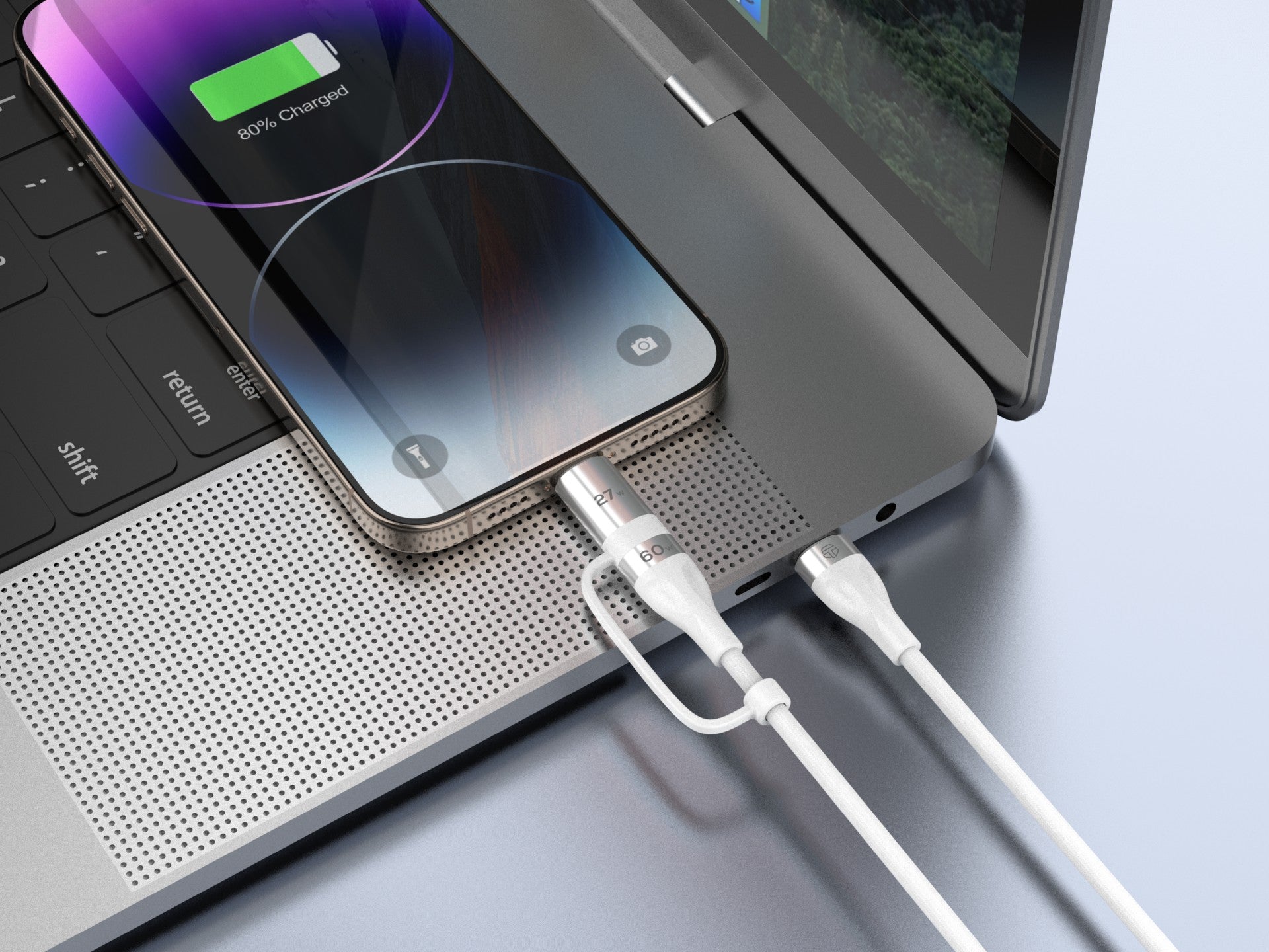 Techancy Cabo de carregamento rápido 2 em 1 TB1744 1m USB-C para USB-C 60W e USB-C para Lightning 27W cabo durável para vários dispositivos