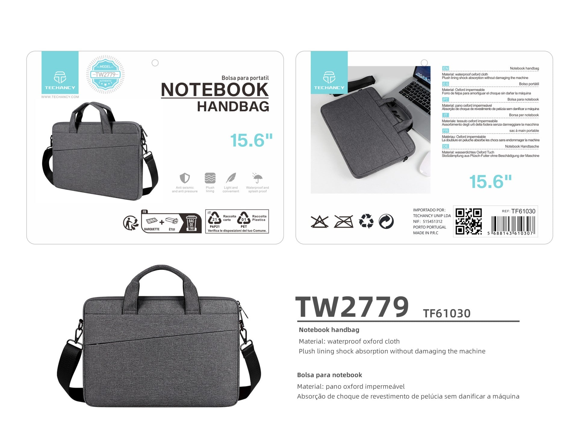 Techancy TW2779 Laptop Case, Black, 15.6-Inch, Adjustable Strap