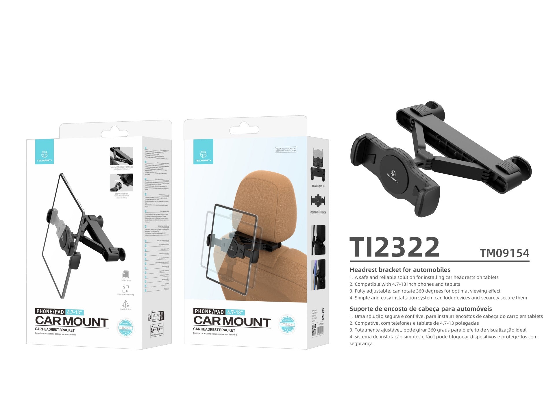 Techancy Suporte Para Banco Traseiro Do Automóvel TI2322, Para Dispositivos De 4,7-13 Polegadas Giro De 360 Preto