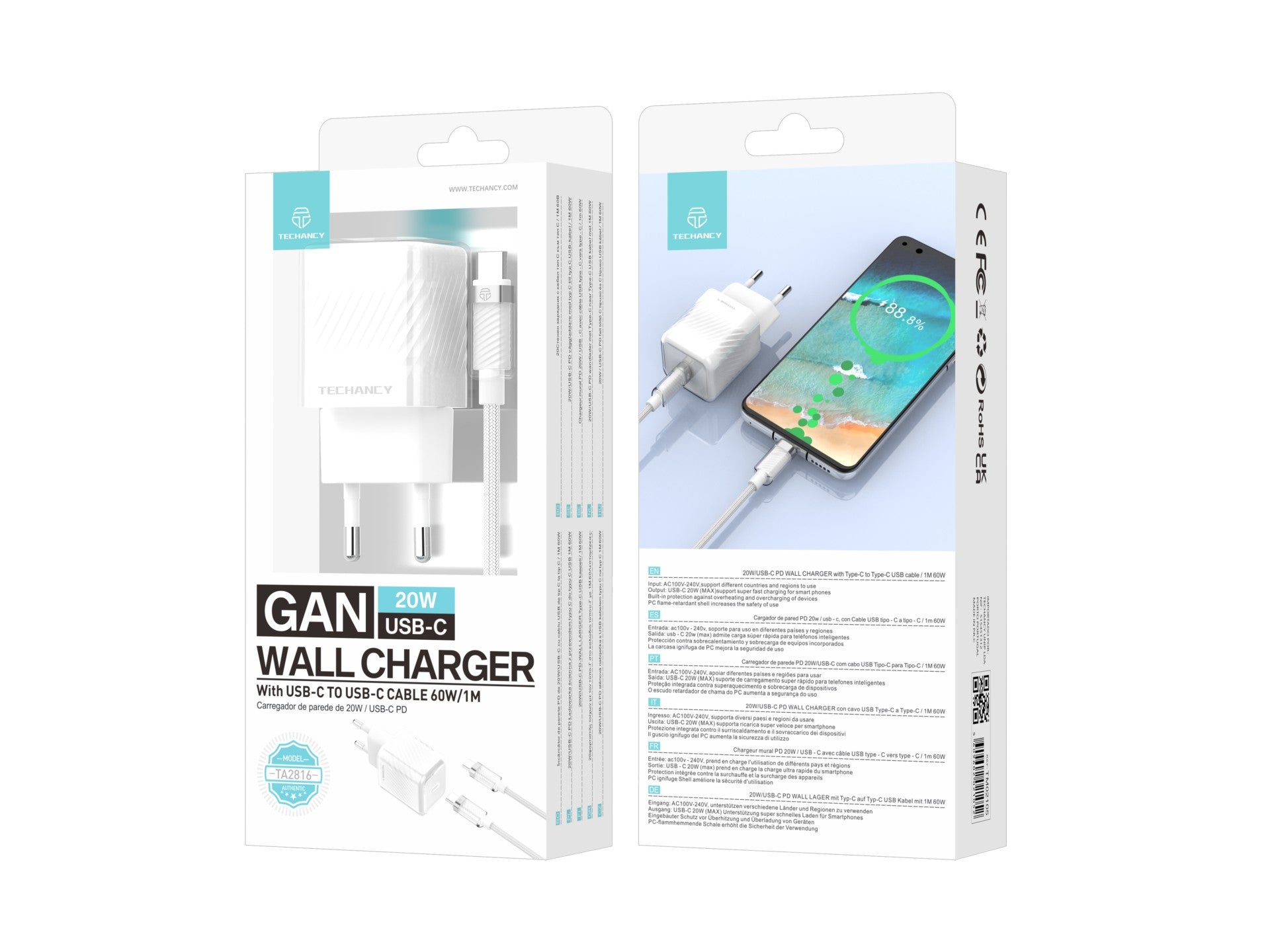 Techancy 20W Mobile Phone Charger White TA2816, USB-C PD GaN Fast Charging, USB C to USB C Cable Set 1m/60w