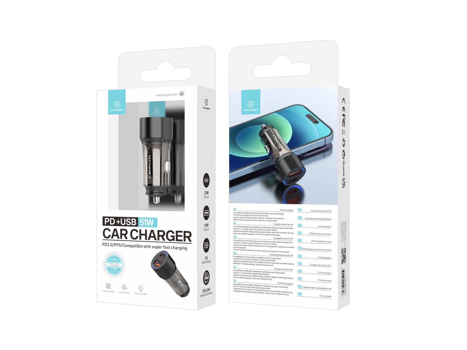 Cargador de coche Techancy TC6432 de 51 W con dos puertos USB-A y USB-C para cargar varios dispositivos. Transparente.