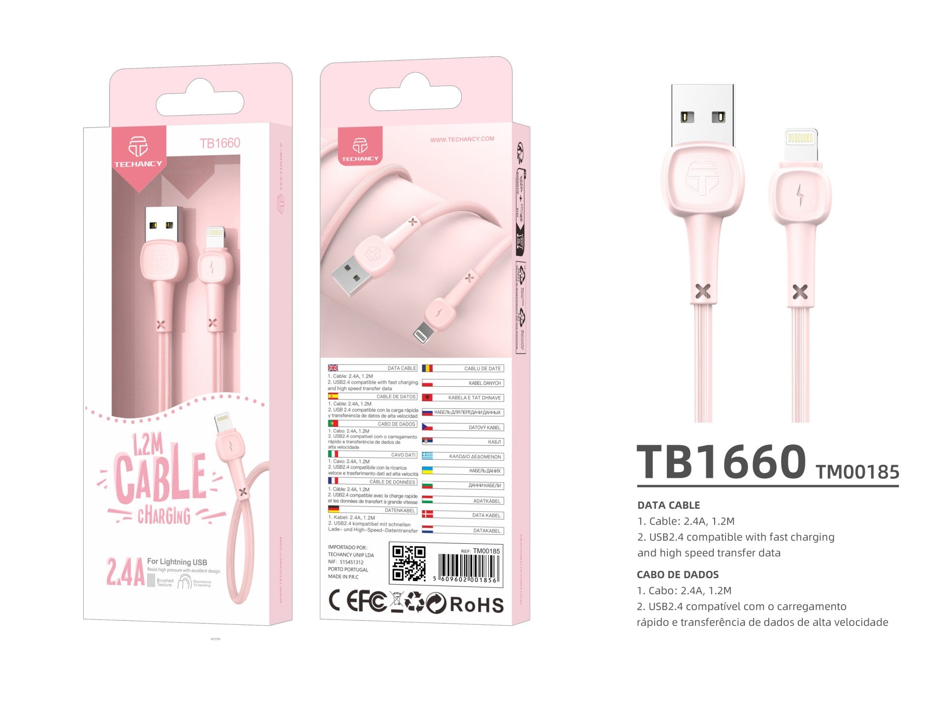 Techancy USB-Lightning Data Cable Pink TB1660, Fast Charging Macaron 2.4a, Length 1.2m, Compatible with iPhone/iPad