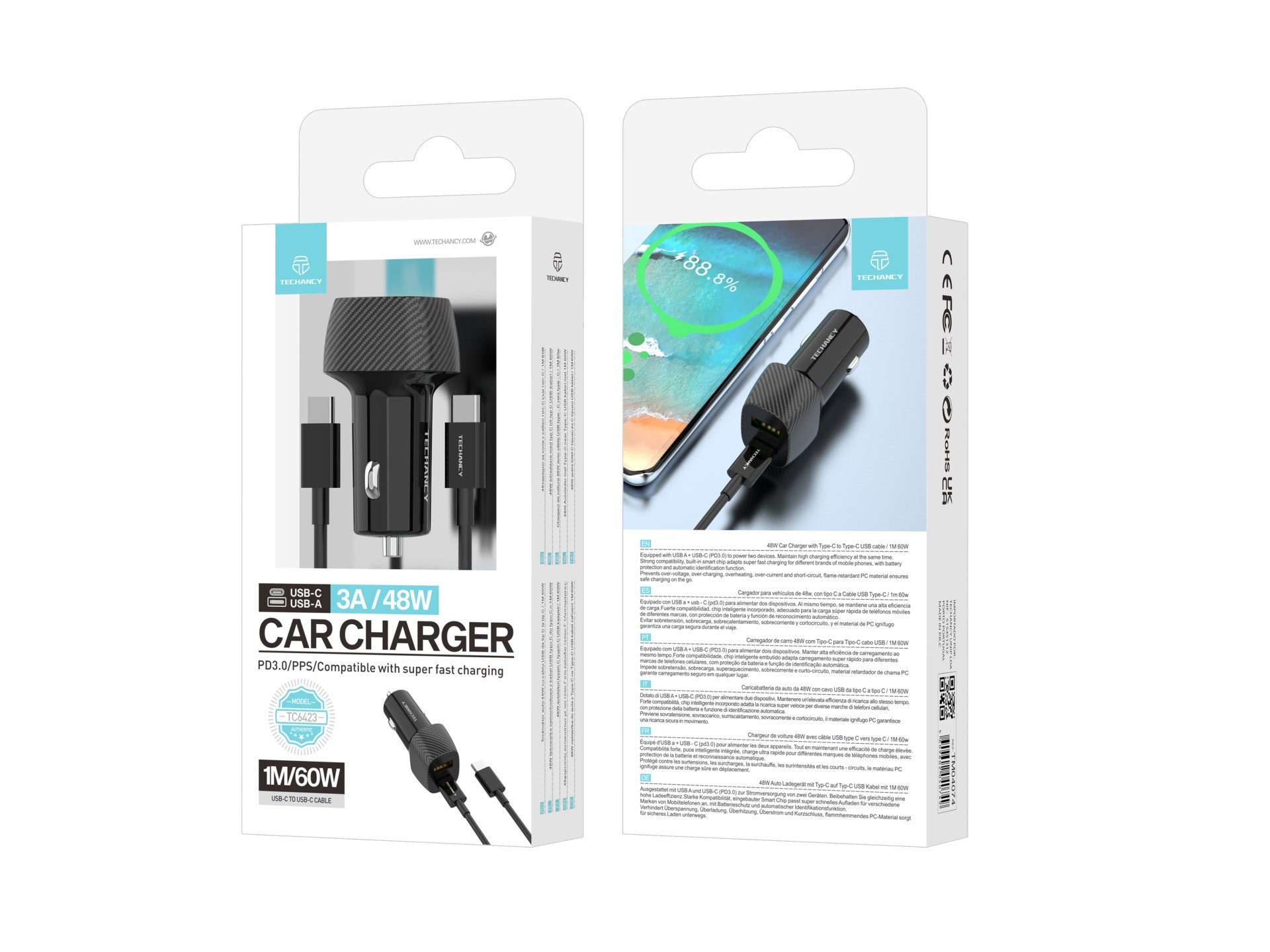 Techancy Carregador De Automóvel De Porta Dupla 48w Usb+Usb-C Pd3.0 TC6432 Com Cabo Preto De 1m/60w Tipo-C Para Tipo-C