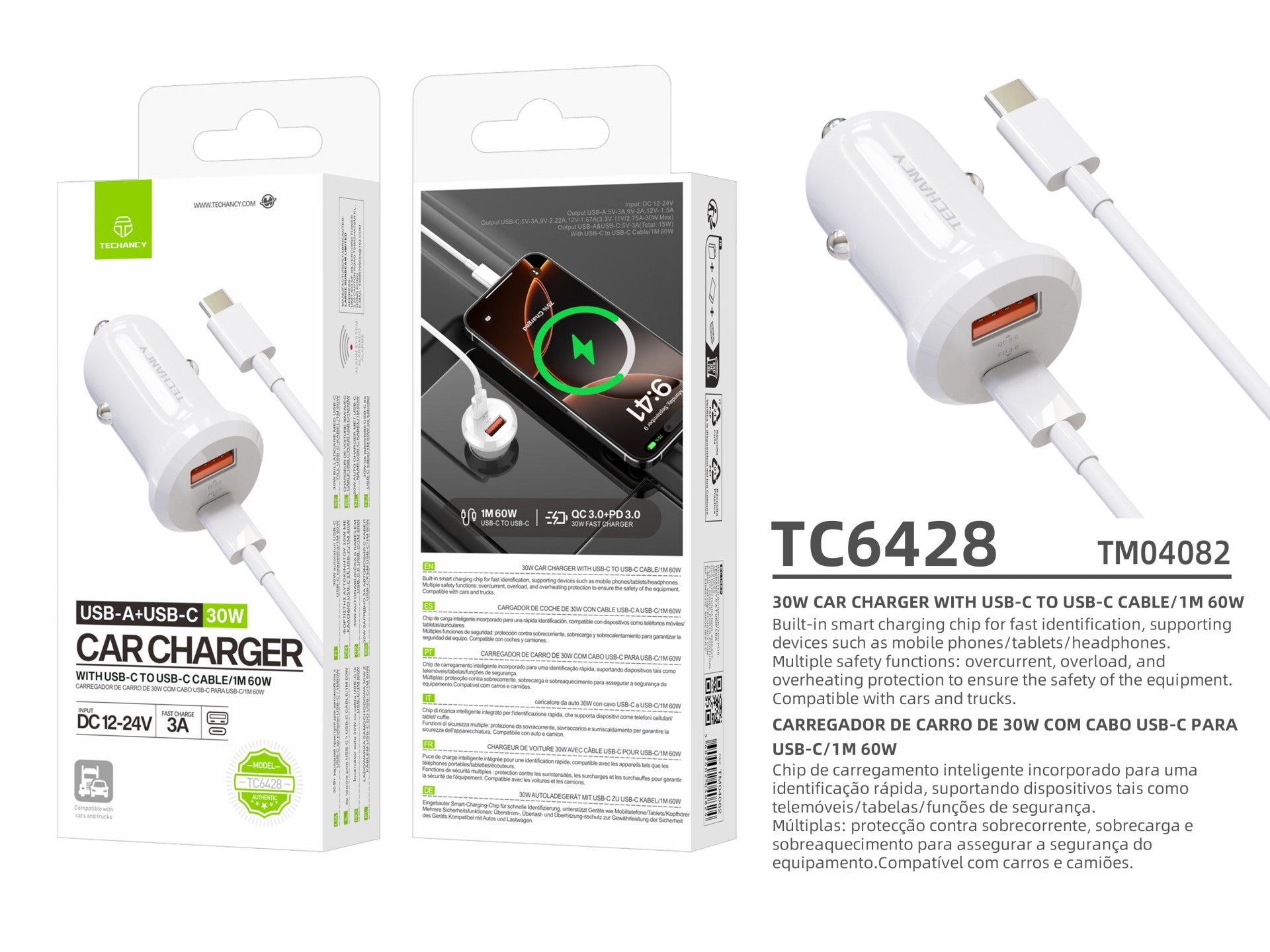 Techancy 30W Charger TC6428, USB-C Cable, Fast Charge, Multiple Protection, Compatible with Vehicles