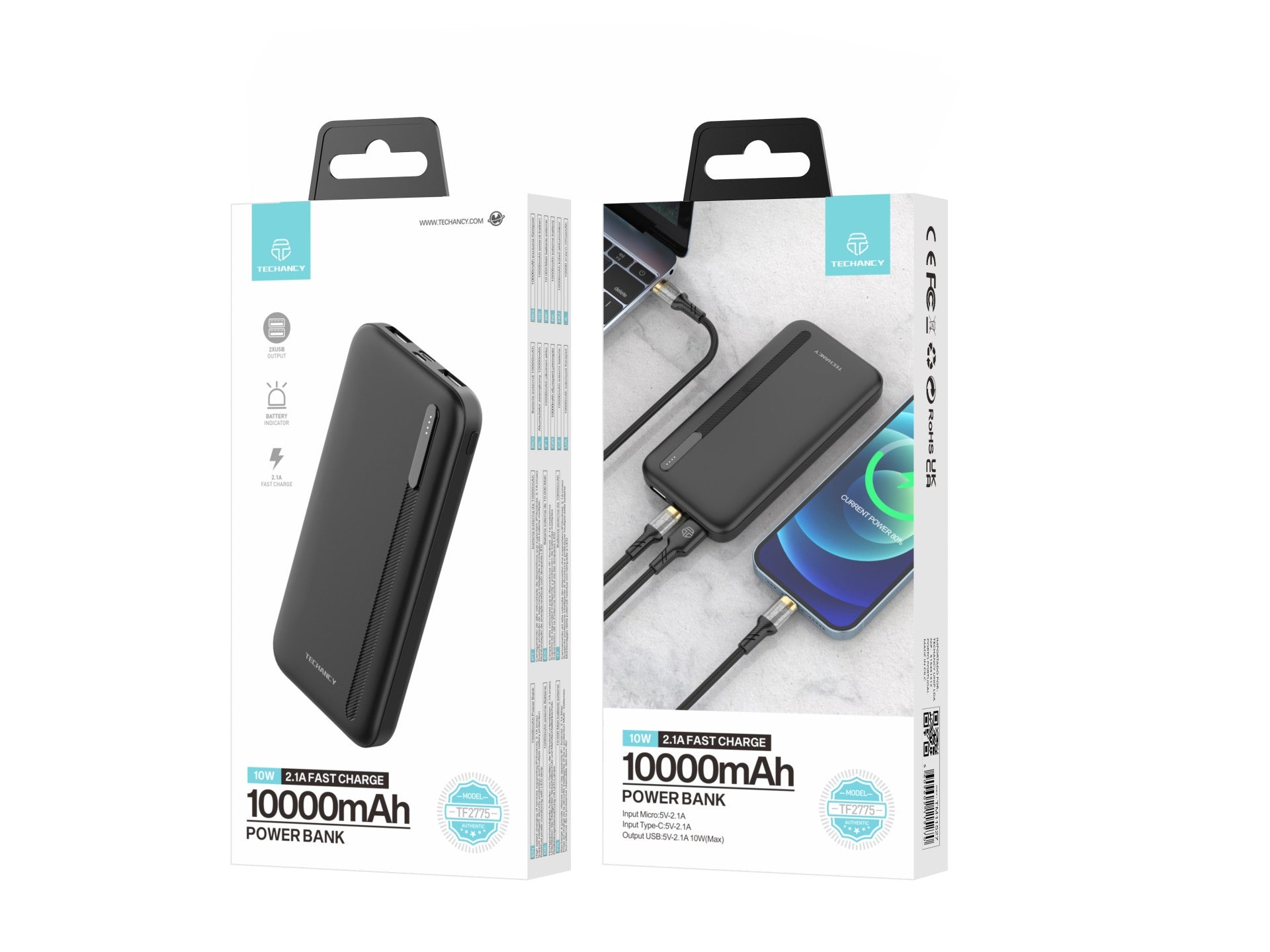 Techancy Power Bank 10000mAh Black TF2775, 10W Fast Charging for Smartphones, Tablets and More!