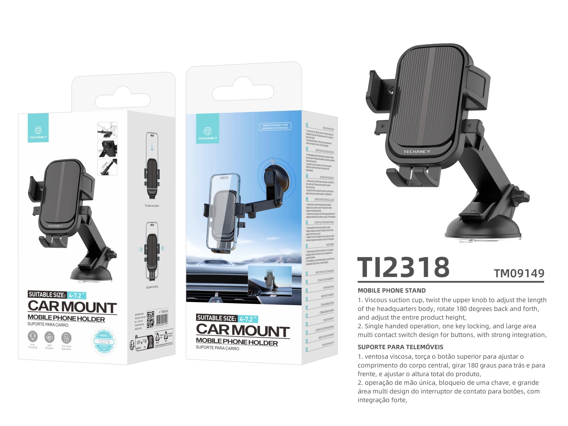 Soporte para teléfono de coche Techancy Ti2318, negro, de 4 a 7,2 pulgadas, con ventosa y bloqueo de un solo toque