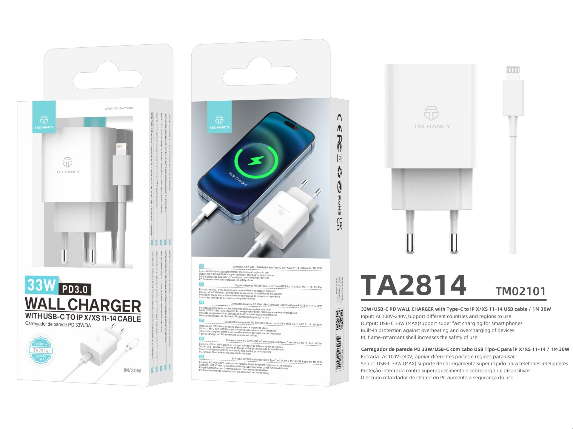 Techancy Carregador 33w Branco TA2814, Com Cabo Type-C Para Lightning 1m/30w Pd De Carregamento Rápido