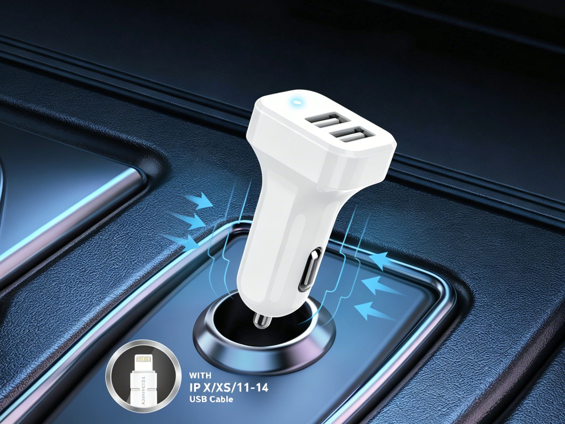 Techancy TC6401 Dual USB 2.4A Car Charger with Lightning Cable - White