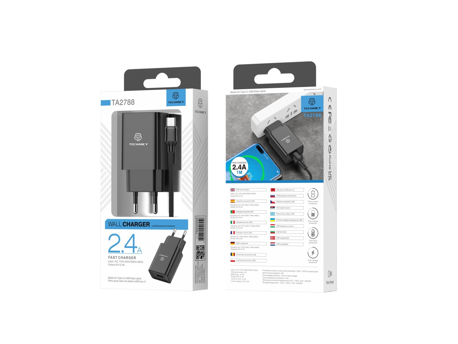 Cargador de móvil Techancy TA2788, color negro, con salida USB de 5 V y 2,4 A, cable USB tipo C de 1 m.