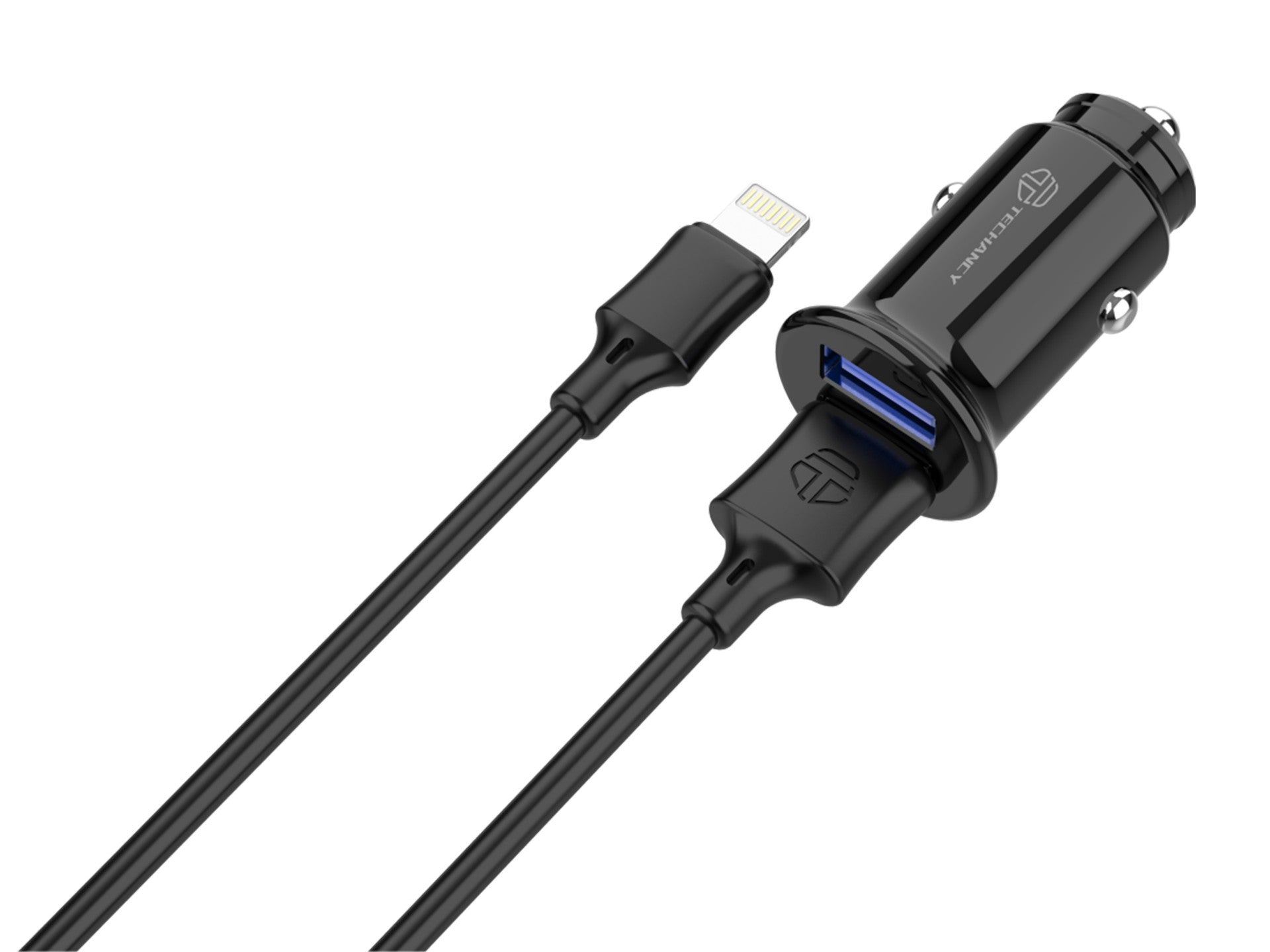 Techancy Carregador De Automóvel Mini TC6408, Carregamento 2usb 2.4A, Kit De Dados Com Cabo Usb-Lightning 1m, Preto
