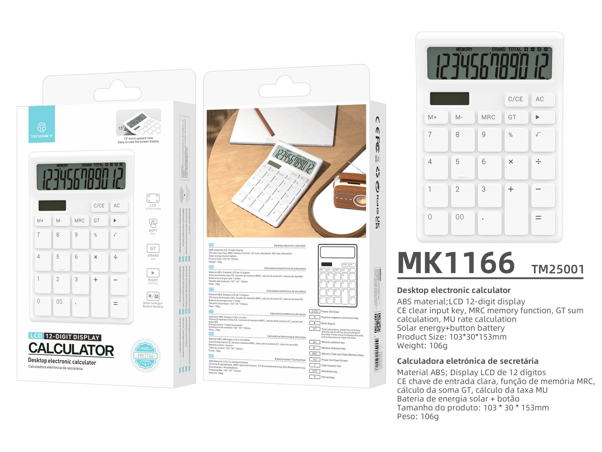 Calculadora de escritorio Techancy MK1166 de 12 dígitos con función de doble energía GT/MU ABS TM25001 blanca