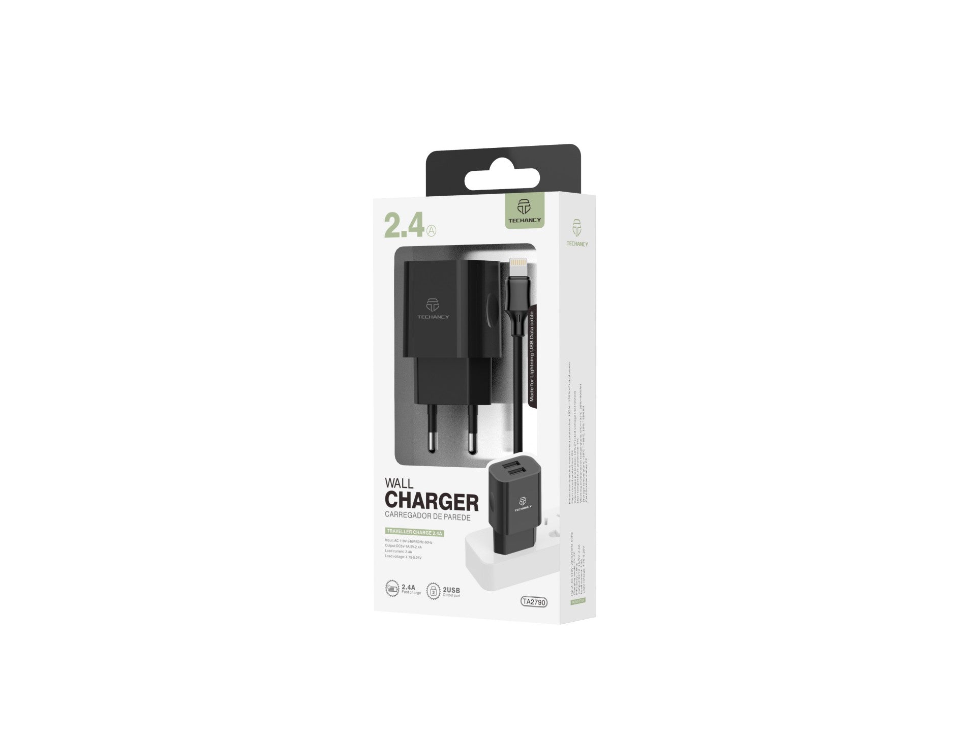 Cargador de pared Techancy TA2790 negro con 2 USB, carga de 5 V-2,4 A, cable Lightning de 1 m, compatible con iPhone/iPad