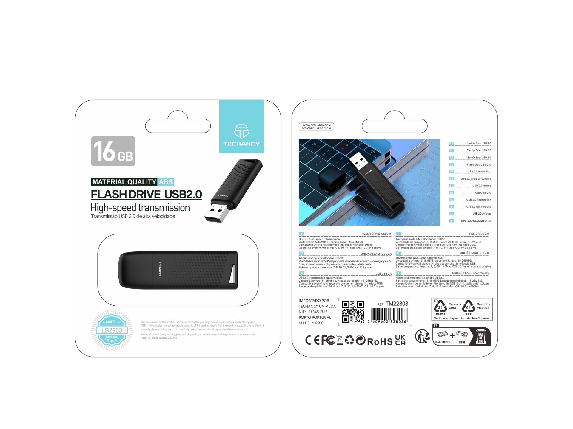 Techancy USB Flash Drive 16GB Preto LB2903, Usb 2.0, Compatível com PC/Mobile/Mac, Armazenamento seguro de ficheiros