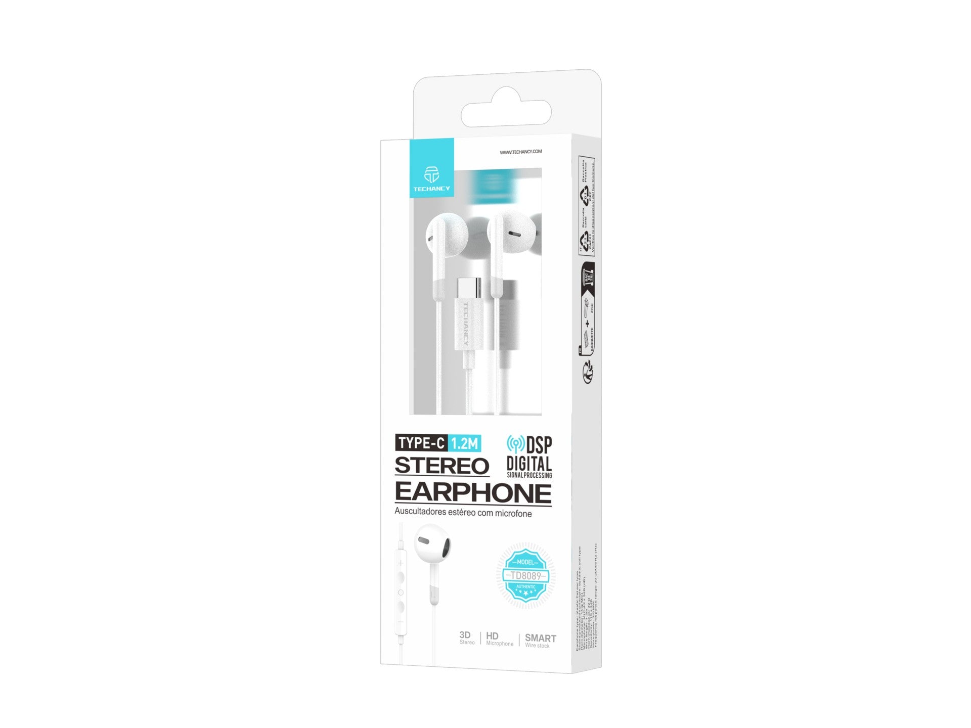 Techancy Auscultadores Estéreo Para Música TD8089 Branco, Interface Dsp/Type-C Compatível Com Samsung/Huawei/Xiaomi, Etc.