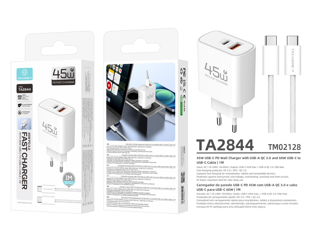 Carregador USB-C 45W TECHANCY TM02128, PD 3.0 PPS, USB-A QC 3.0, Carregamento Rapido, com Cabo USB-C para USB-C 60W de 1 m