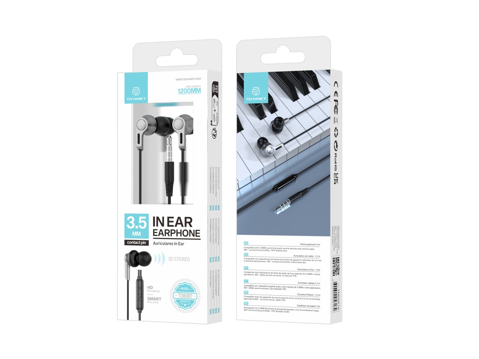 Techancy TD8088 Black In-Ear Headphones, 1.2 Meter Range, 3.5mm Jack, with Microphone, 3D Stereo Sound Headphones