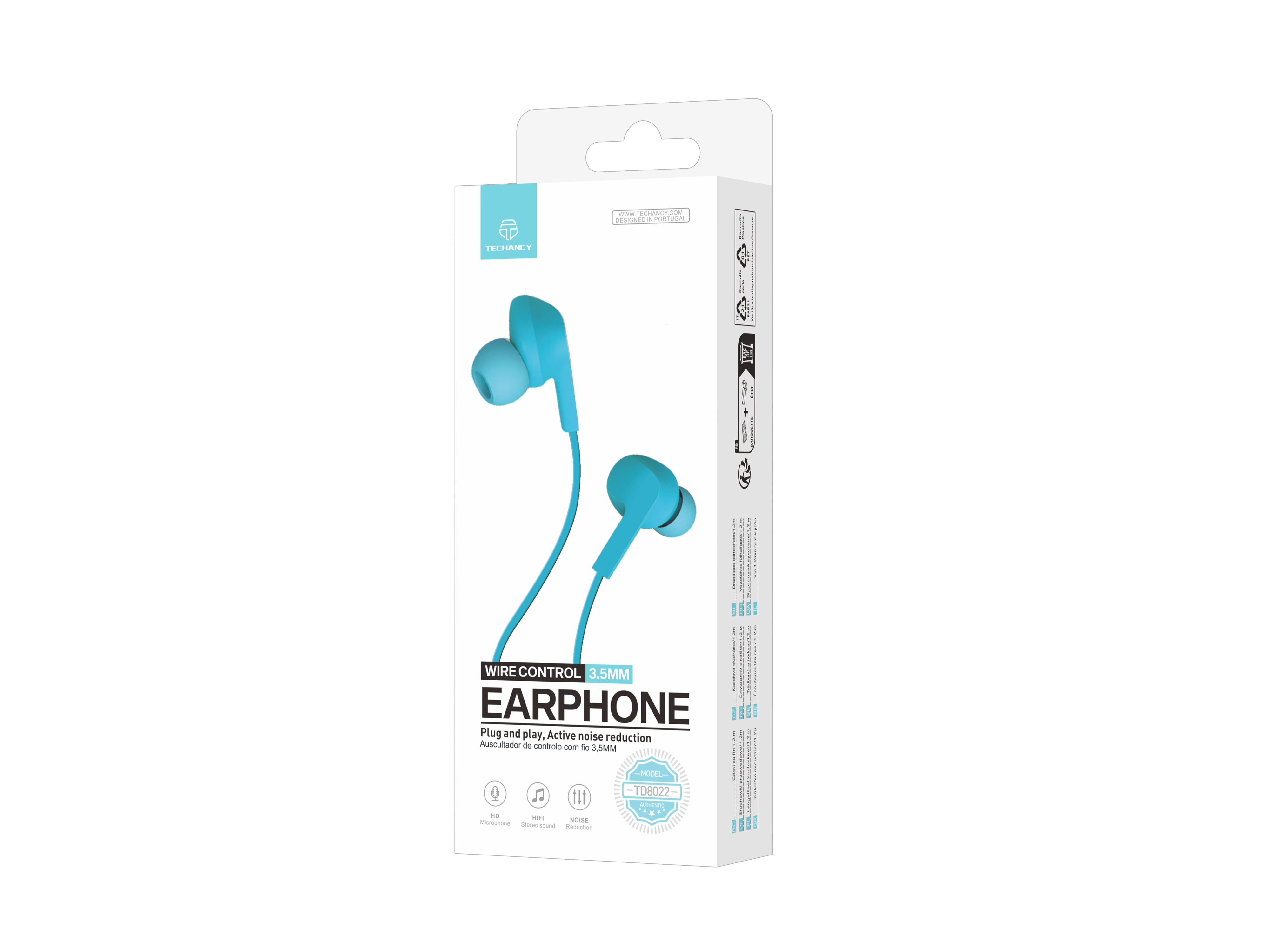 Techancy Auricular Com Fios Azul TD8022 , Microfone Integrado, 3,5 Mm, Compatível Com Smartphones E Tablets