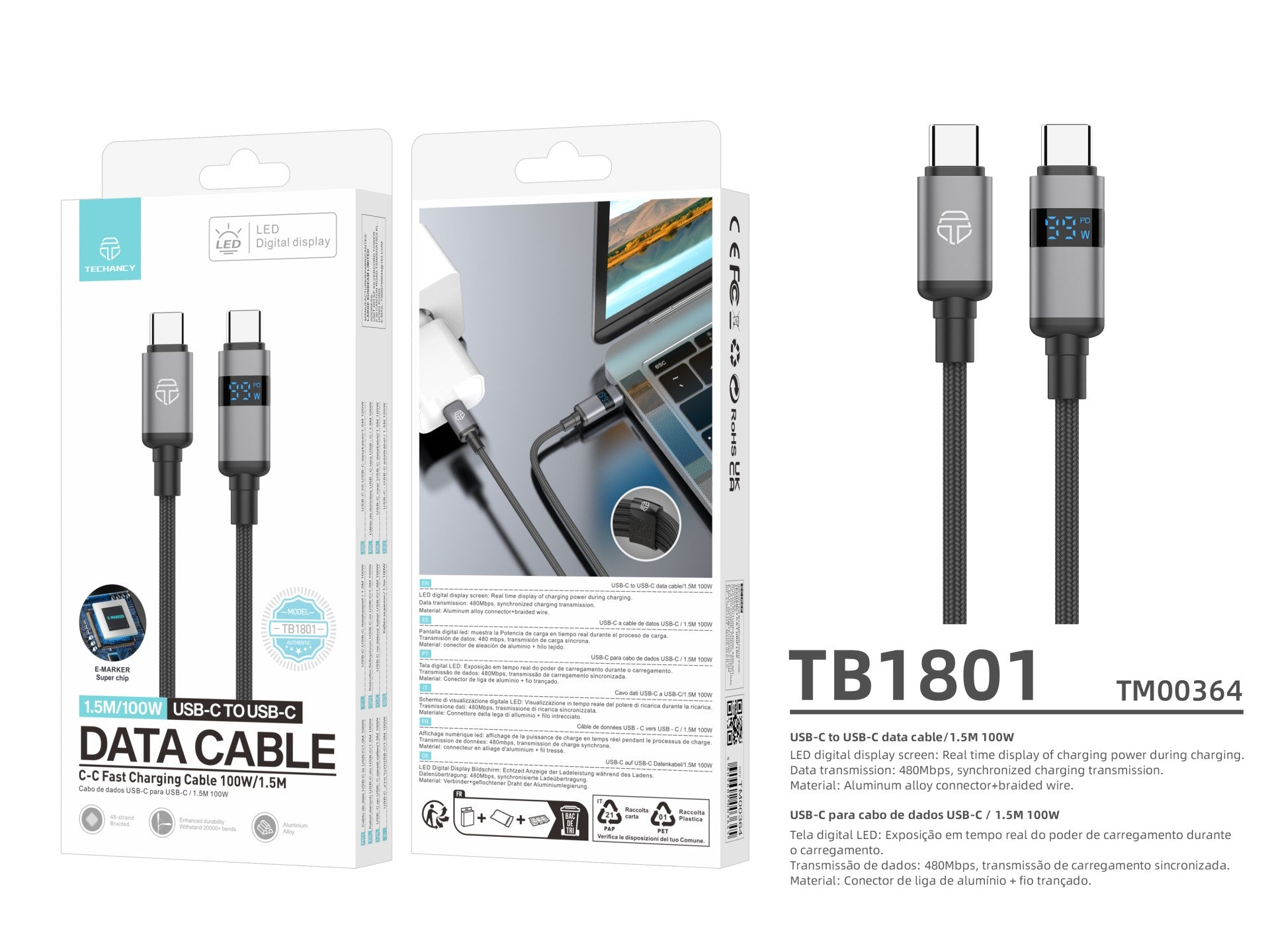 Techancy Cabo USB-C para USB-C TB1801, 100W, 1.5m Preto, Tela LED de Potência, Conector de AlumInio, Fio Trancado