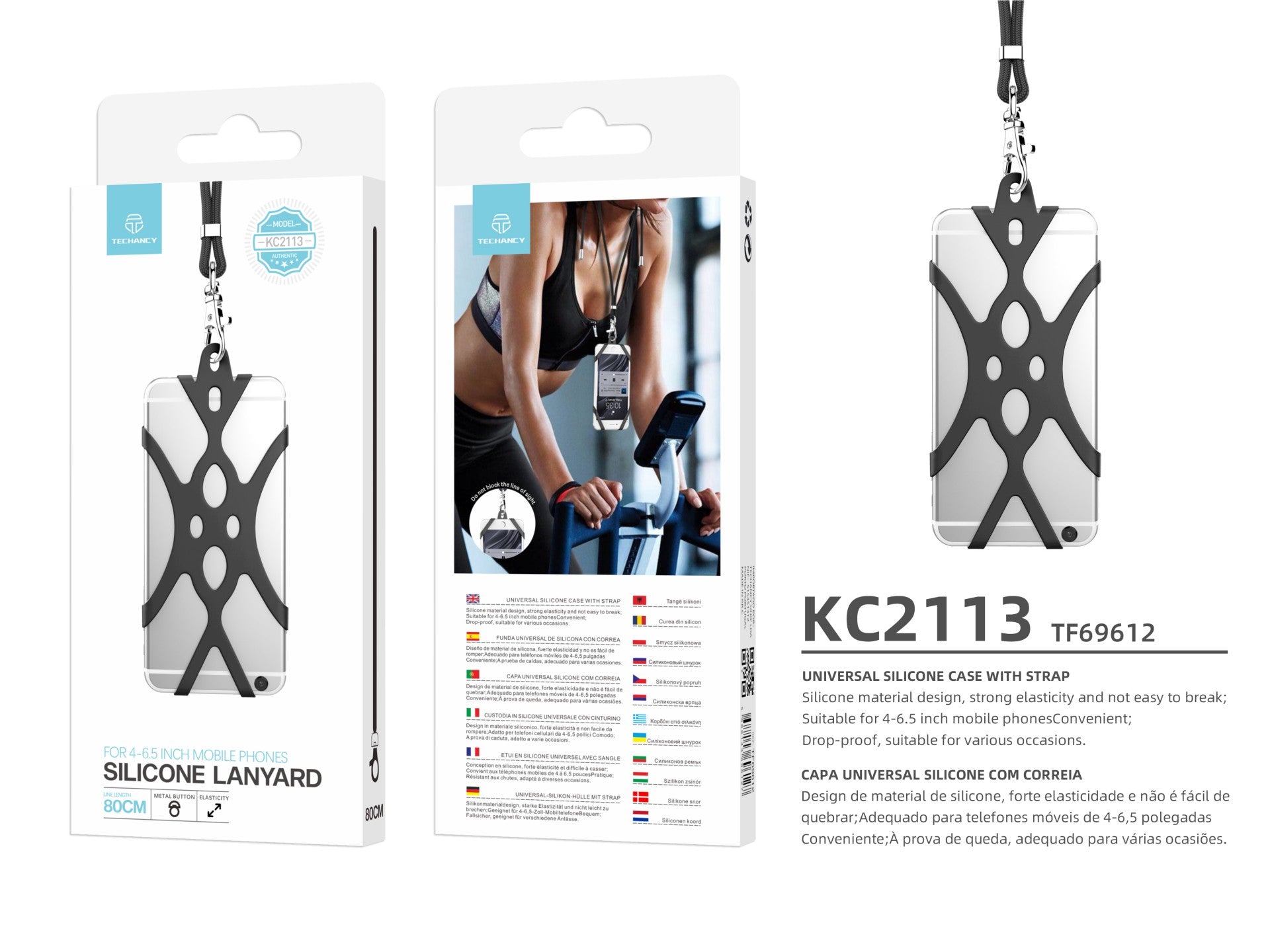 Techancy universal silicone mobile phone cord, 80 cm, KC2113, compatible with all mobile phone models, black.