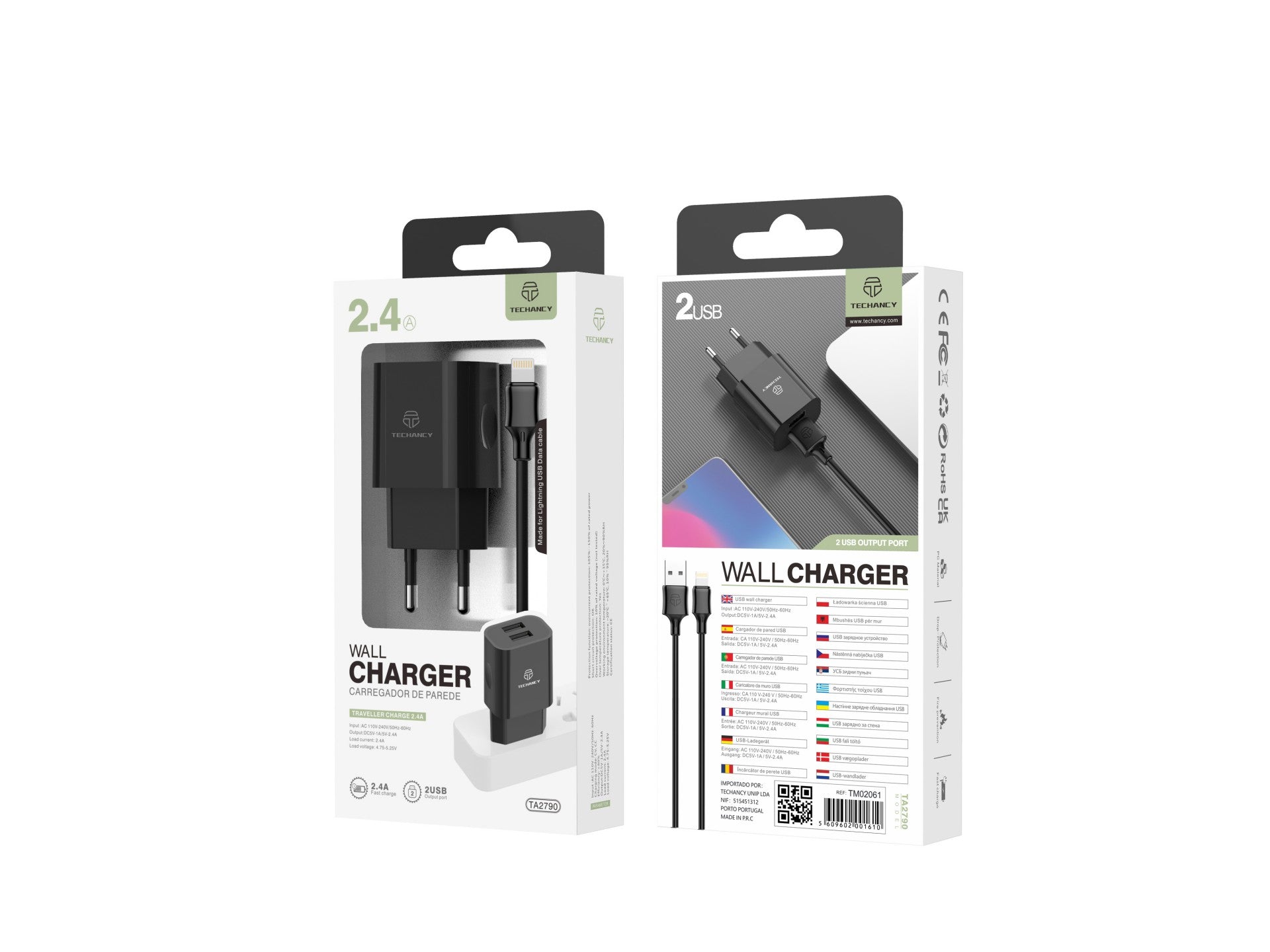 Cargador de pared Techancy TA2790 negro con 2 USB, carga de 5 V-2,4 A, cable Lightning de 1 m, compatible con iPhone/iPad