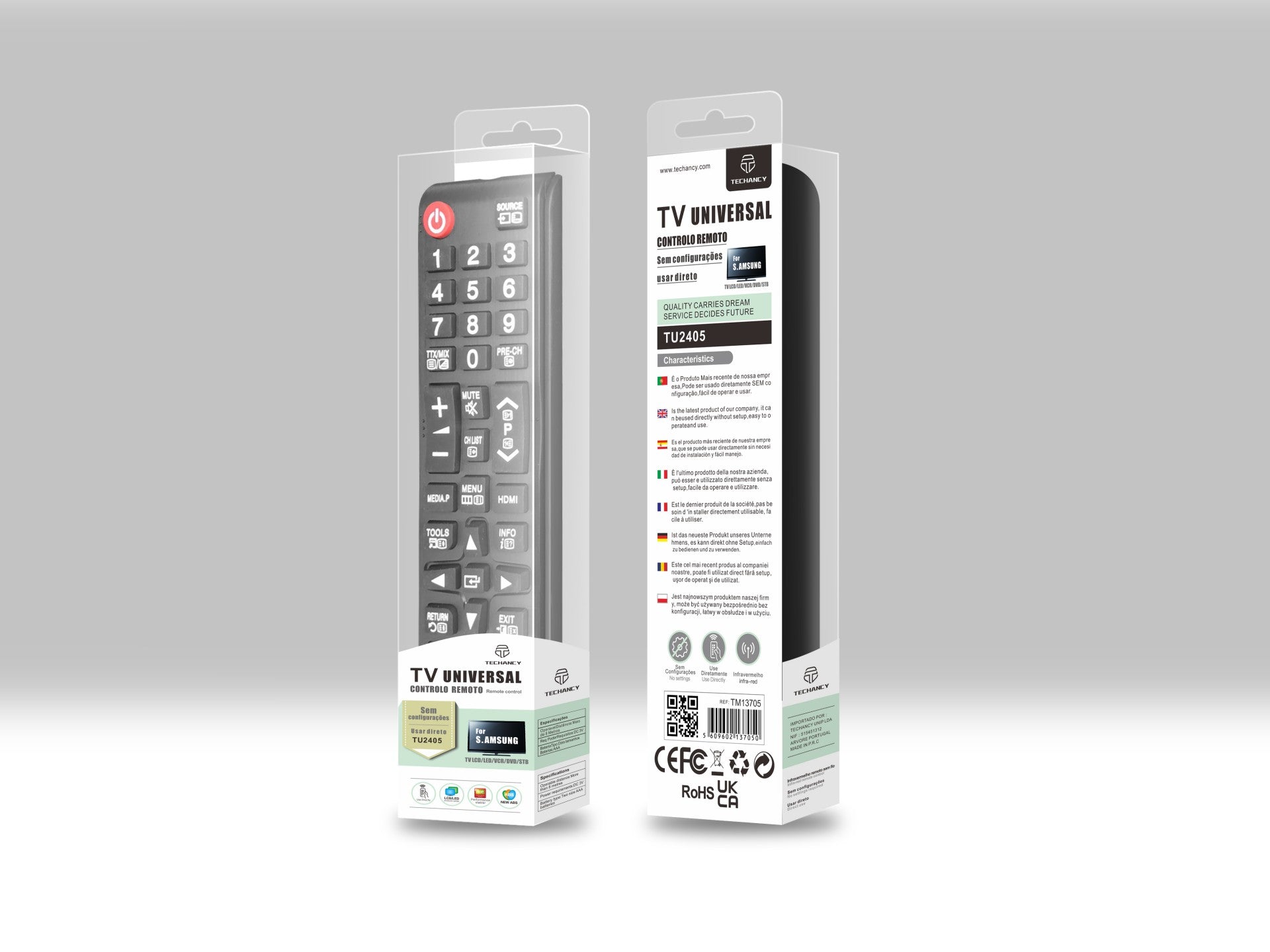 Techancy Controlo Remoto Do Televisor TU2405, Alcance Sem Fios De 8m, Compatível Com Televisores Samsung, Ligação Auto-Adaptável