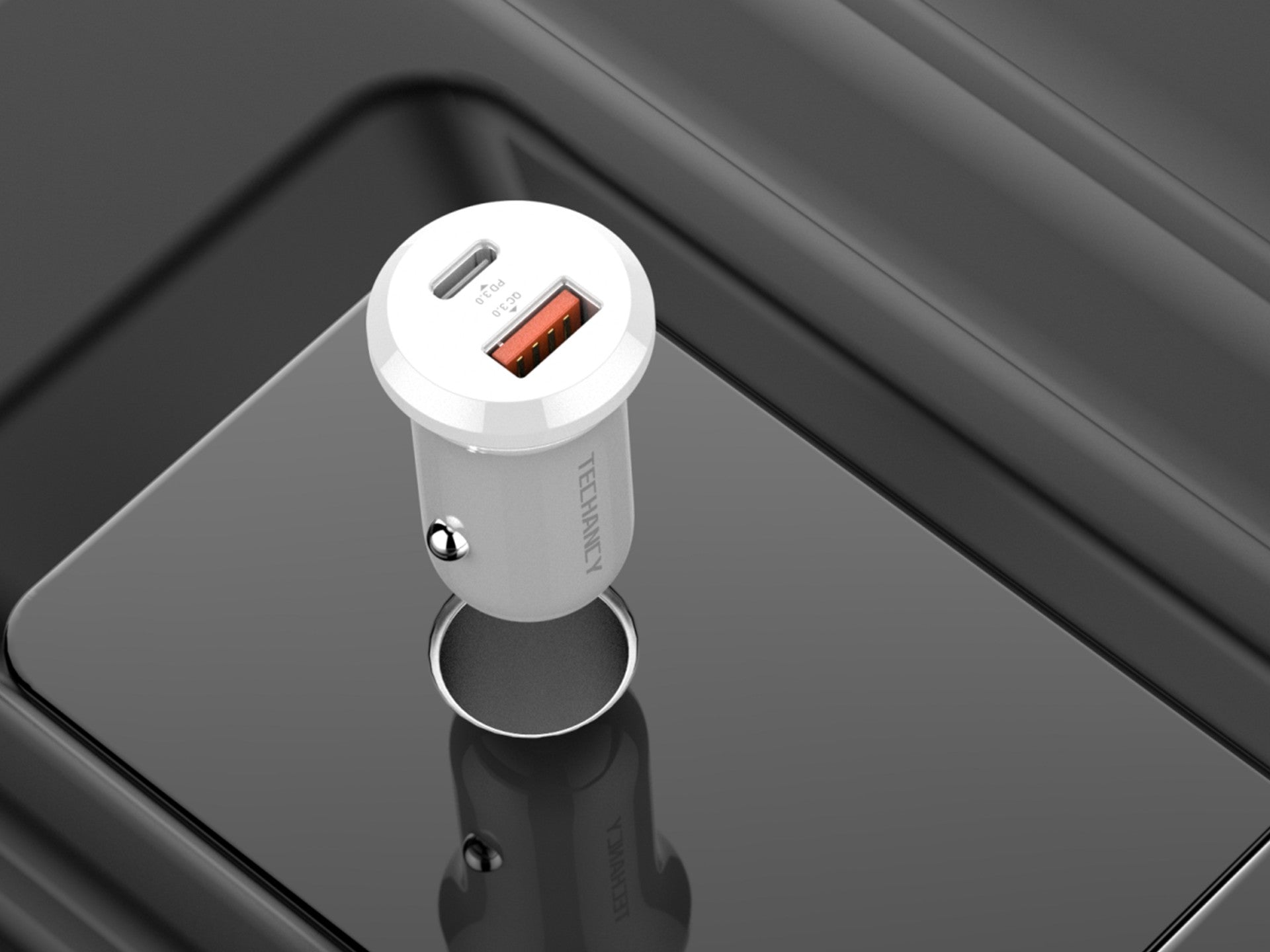Cargador de coche Techancy 30 W TC6427 USB-A + USB-C, carga rápida QC3.0 PD3.0, compatible con teléfonos móviles, tabletas y auriculares de 12 V a 24 V.