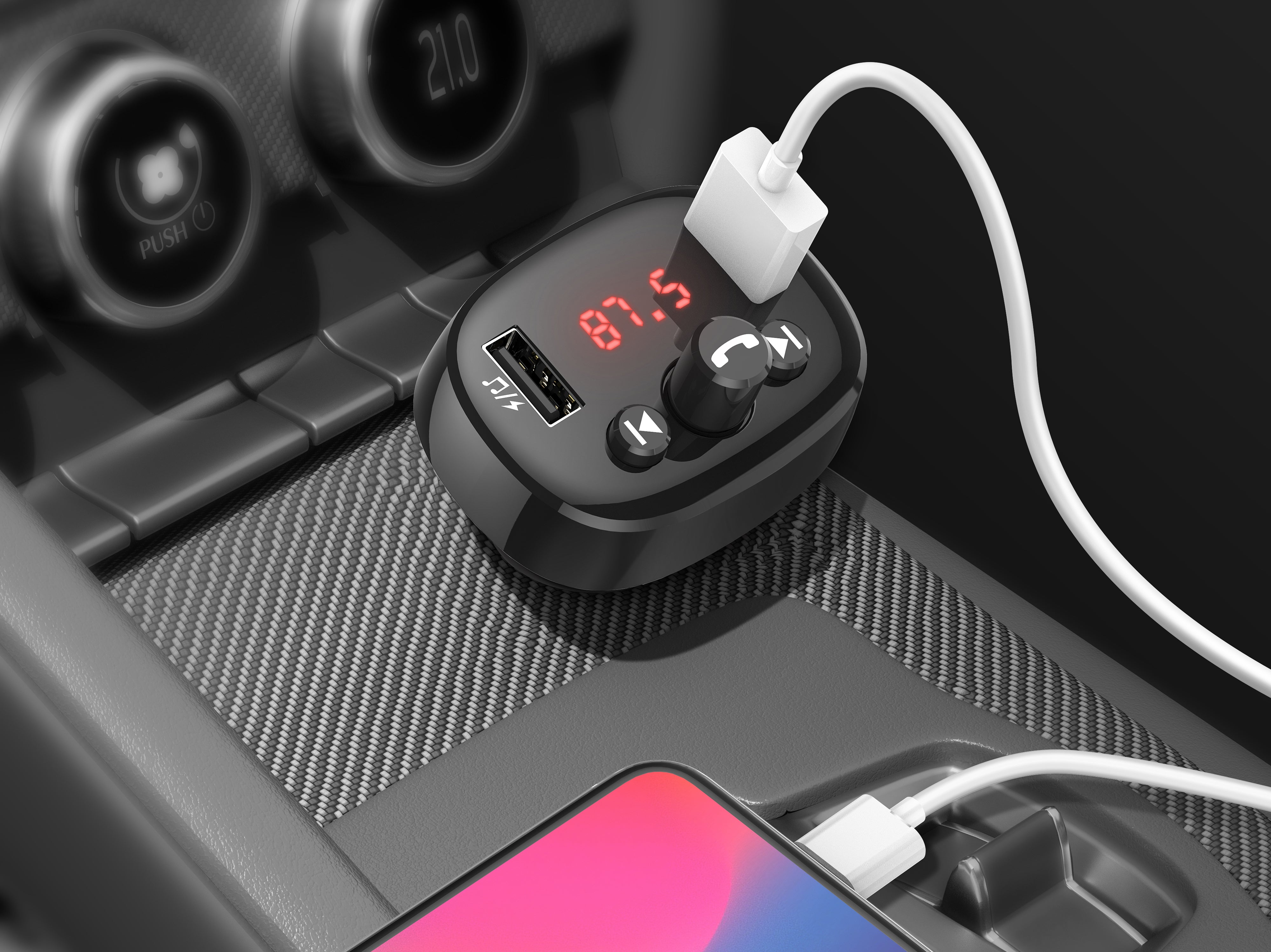 Techancy FM Car Transmitter Black TE0864, ??3.1a, 2 USB Ports, MP3 Player, Compatible with 12v-24v Voltage.
