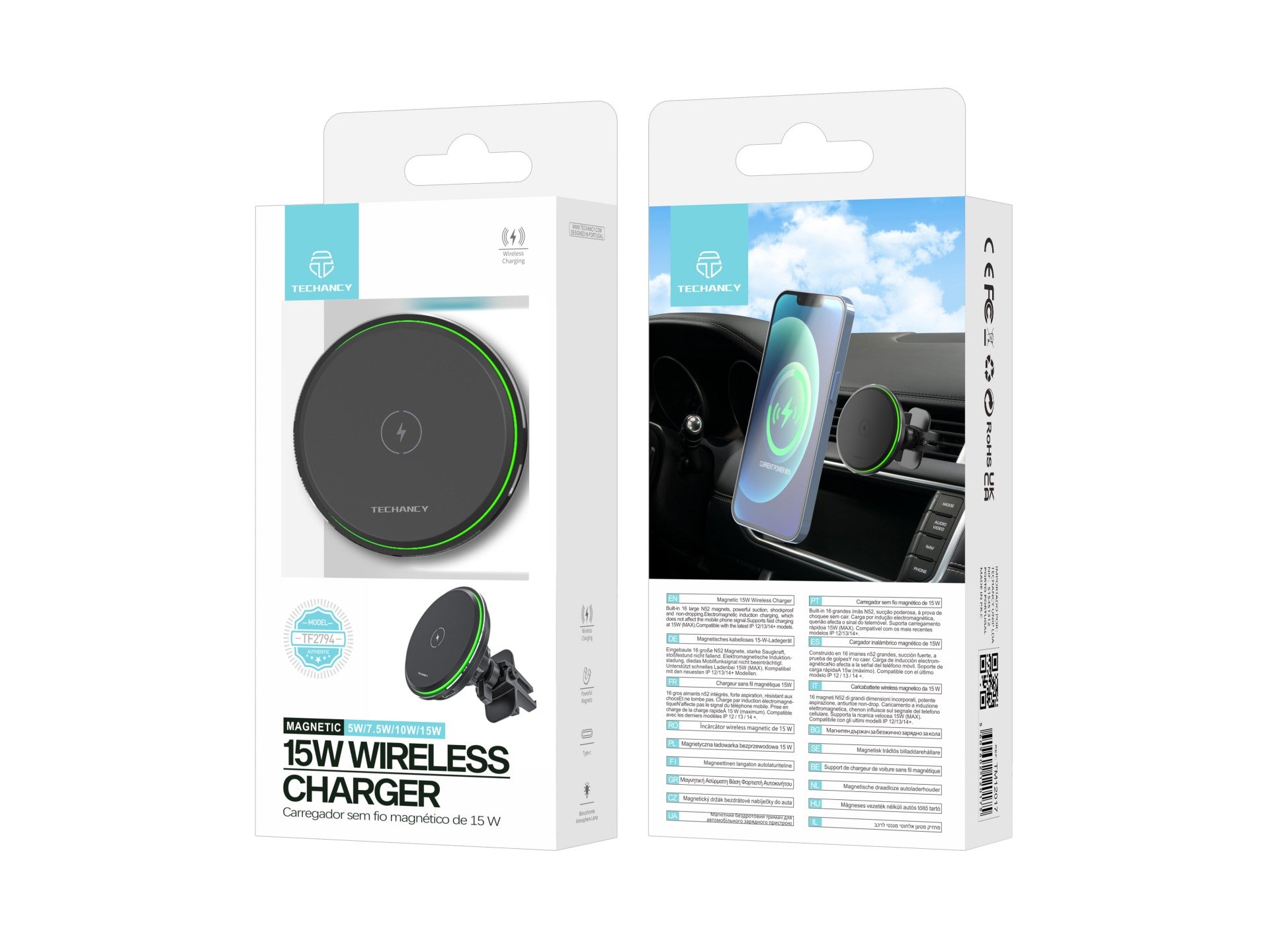 Techancy Suporte Para Telemóvel Com Carregador Sem Fios Para Automóvel TF2794, Carregamento Sem Fios De 15 W,
